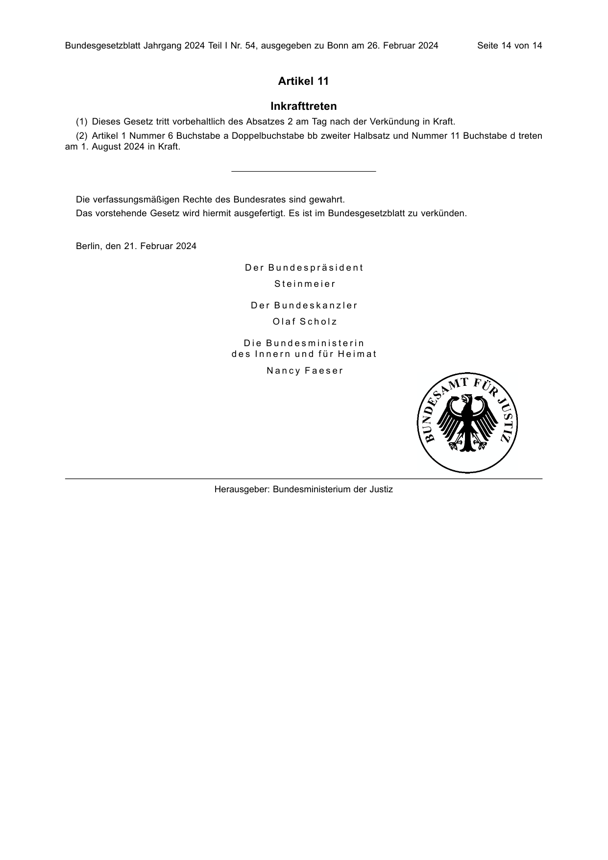 BGBl. 2024, Seite 14 — Originalseite als Abbildung