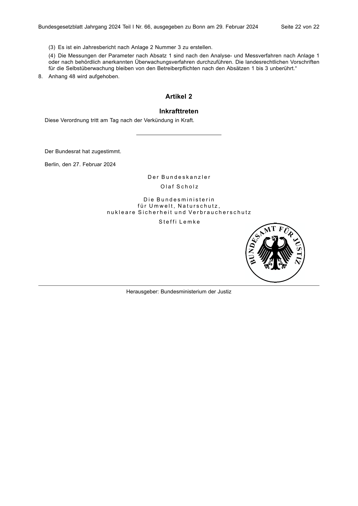 BGBl. 2024, Seite 22 — Originalseite als Abbildung