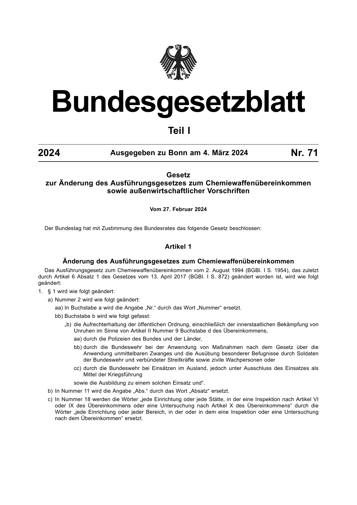BGBl. 2024, Seite 1 — Originalseite als Abbildung