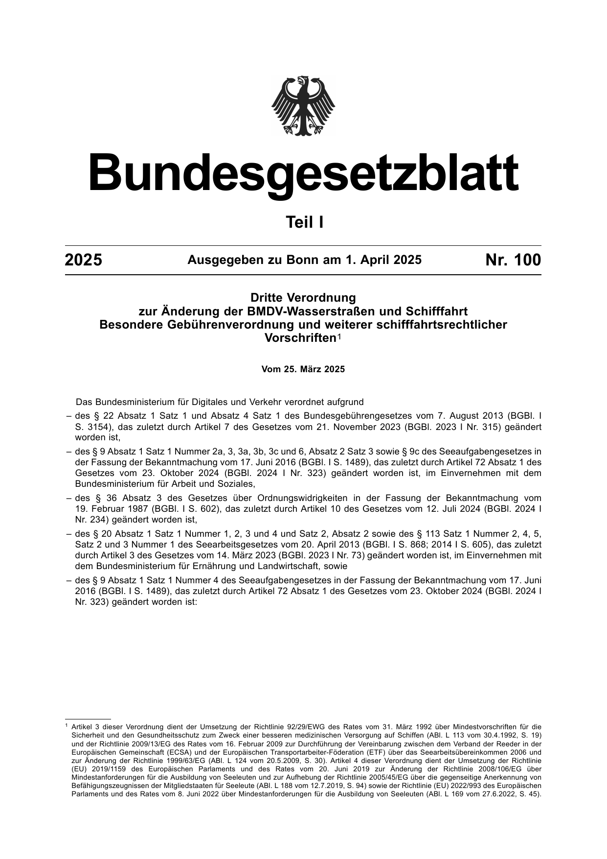 BGBl. 2025, Seite 1 — Originalseite als Abbildung