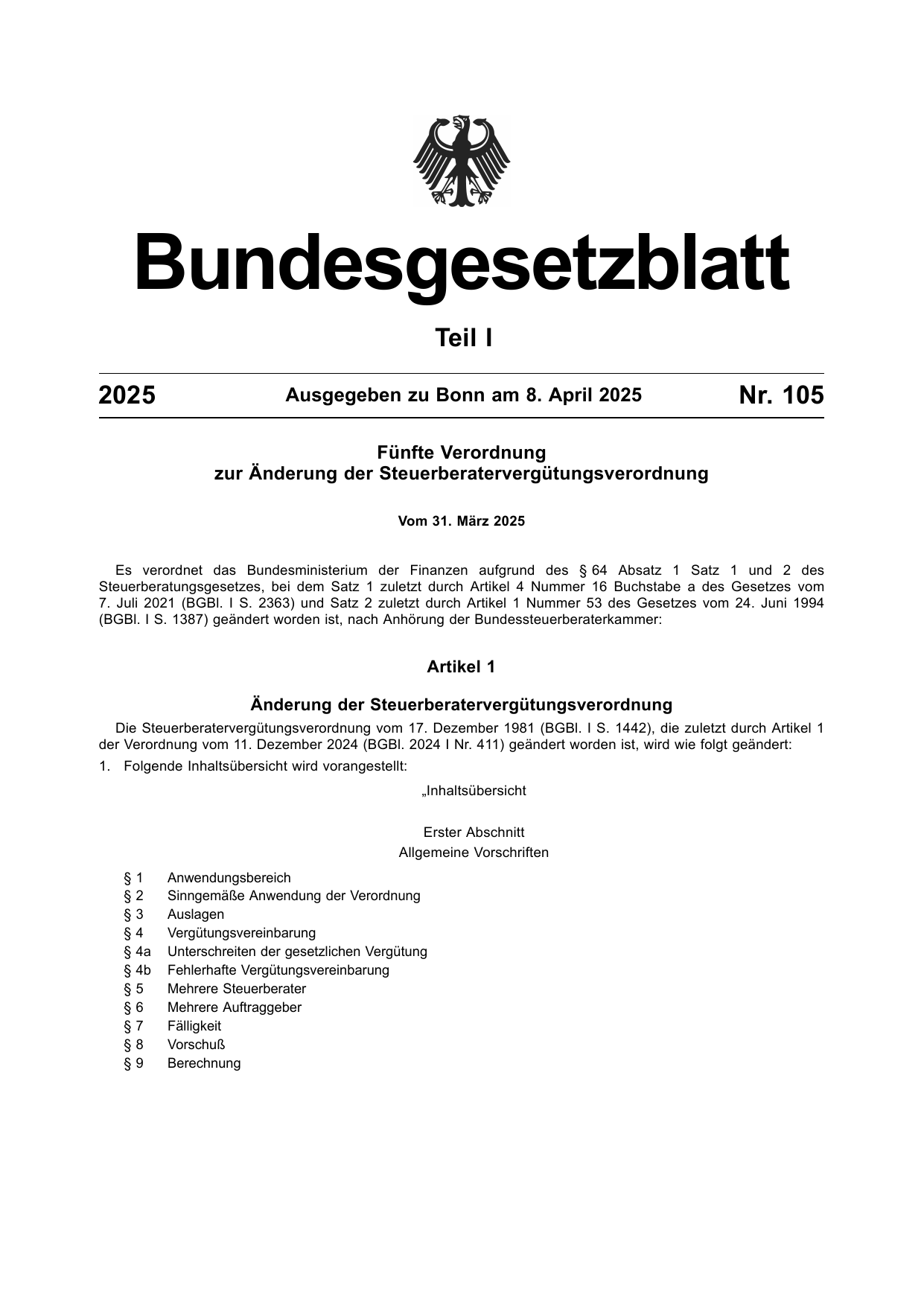 BGBl. 2025, Seite 1 — Originalseite als Abbildung