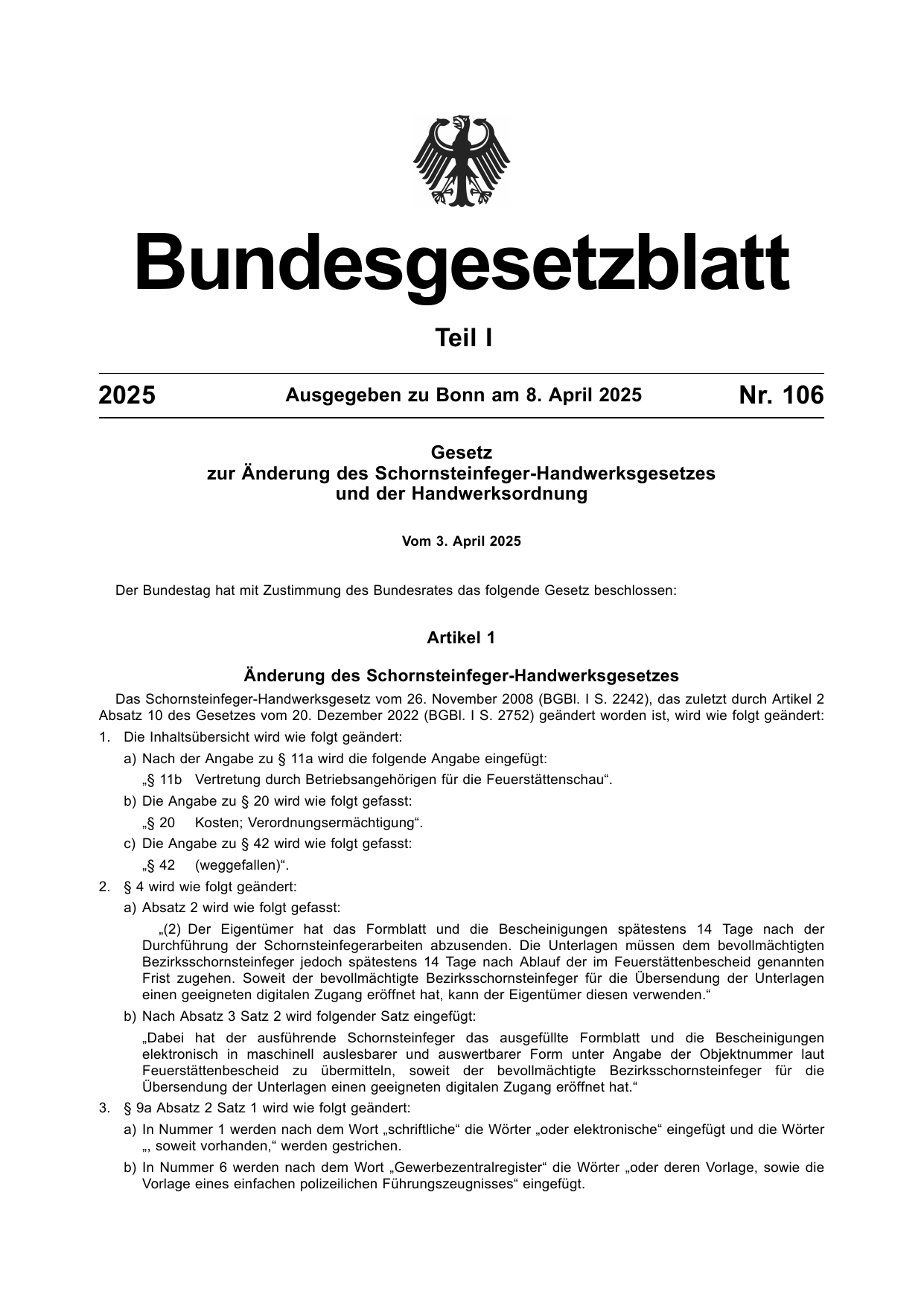 BGBl. 2025, Seite 1 — Originalseite als Abbildung