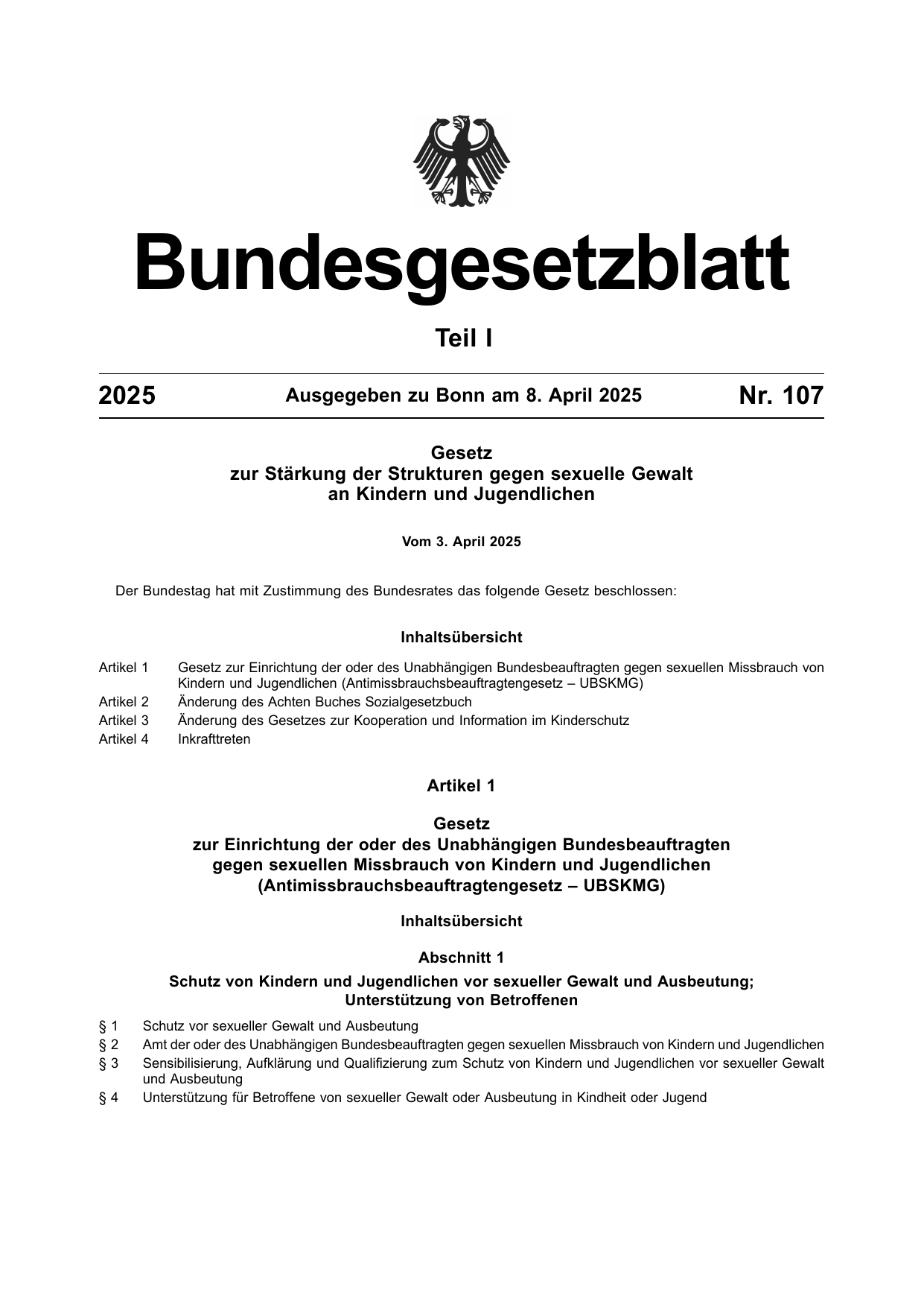 BGBl. 2025, Seite 1 — Originalseite als Abbildung
