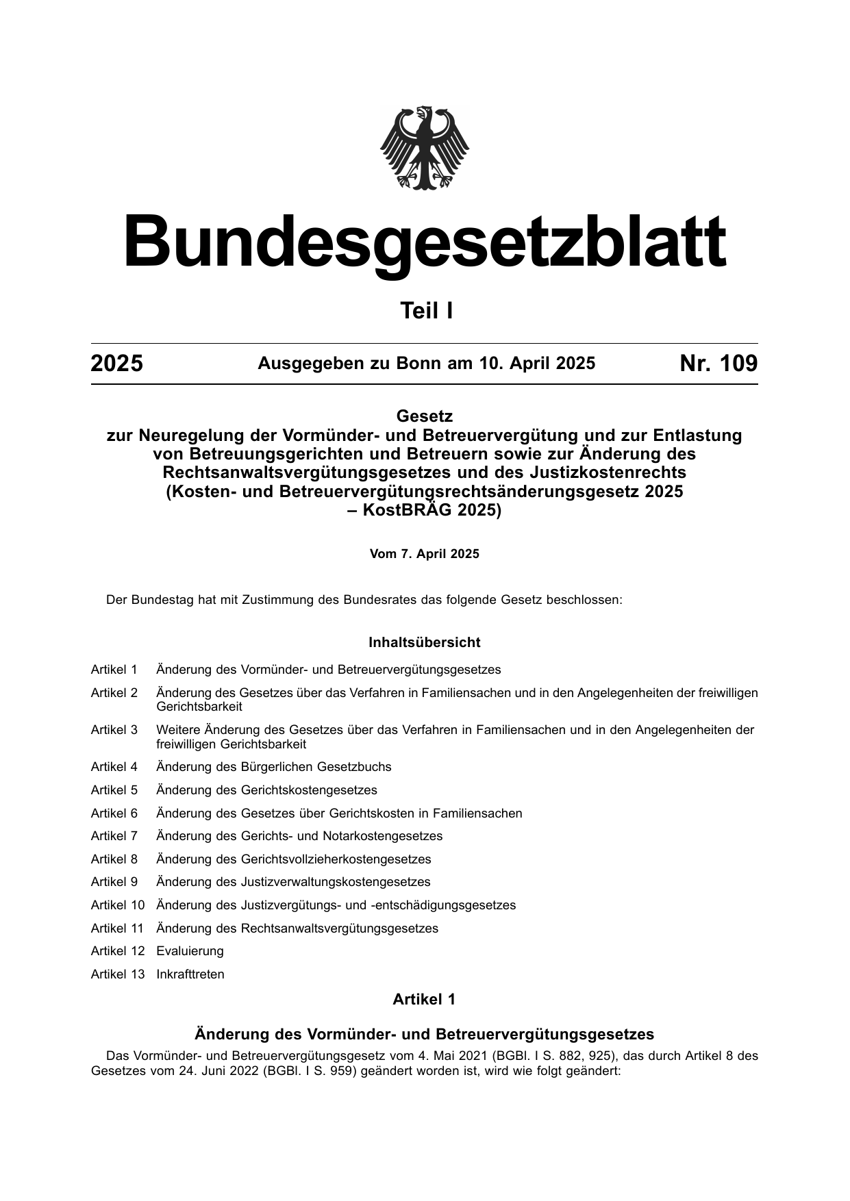 BGBl. 2025, Seite 1 — Originalseite als Abbildung