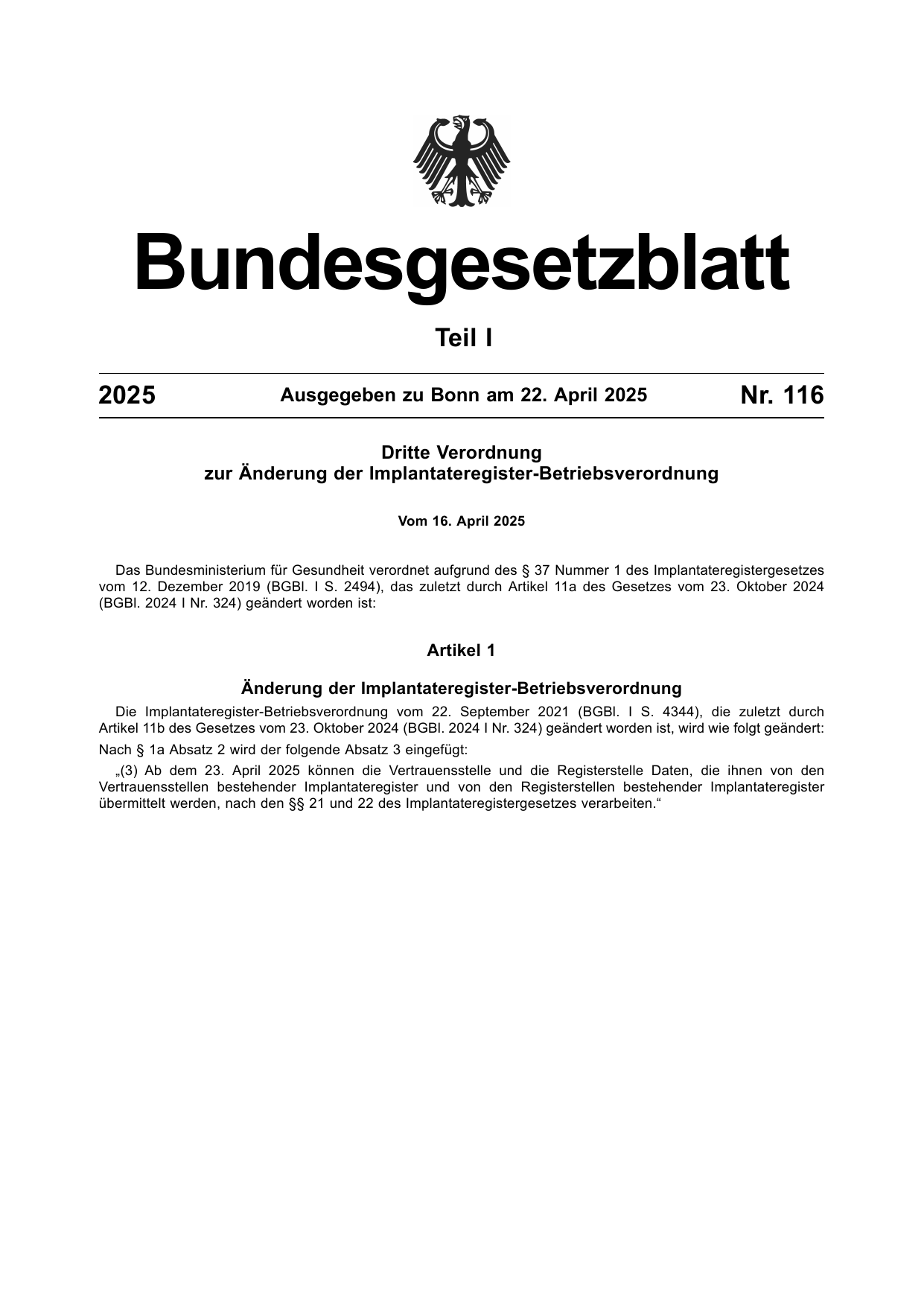 BGBl. 2025, Seite 1 — Originalseite als Abbildung