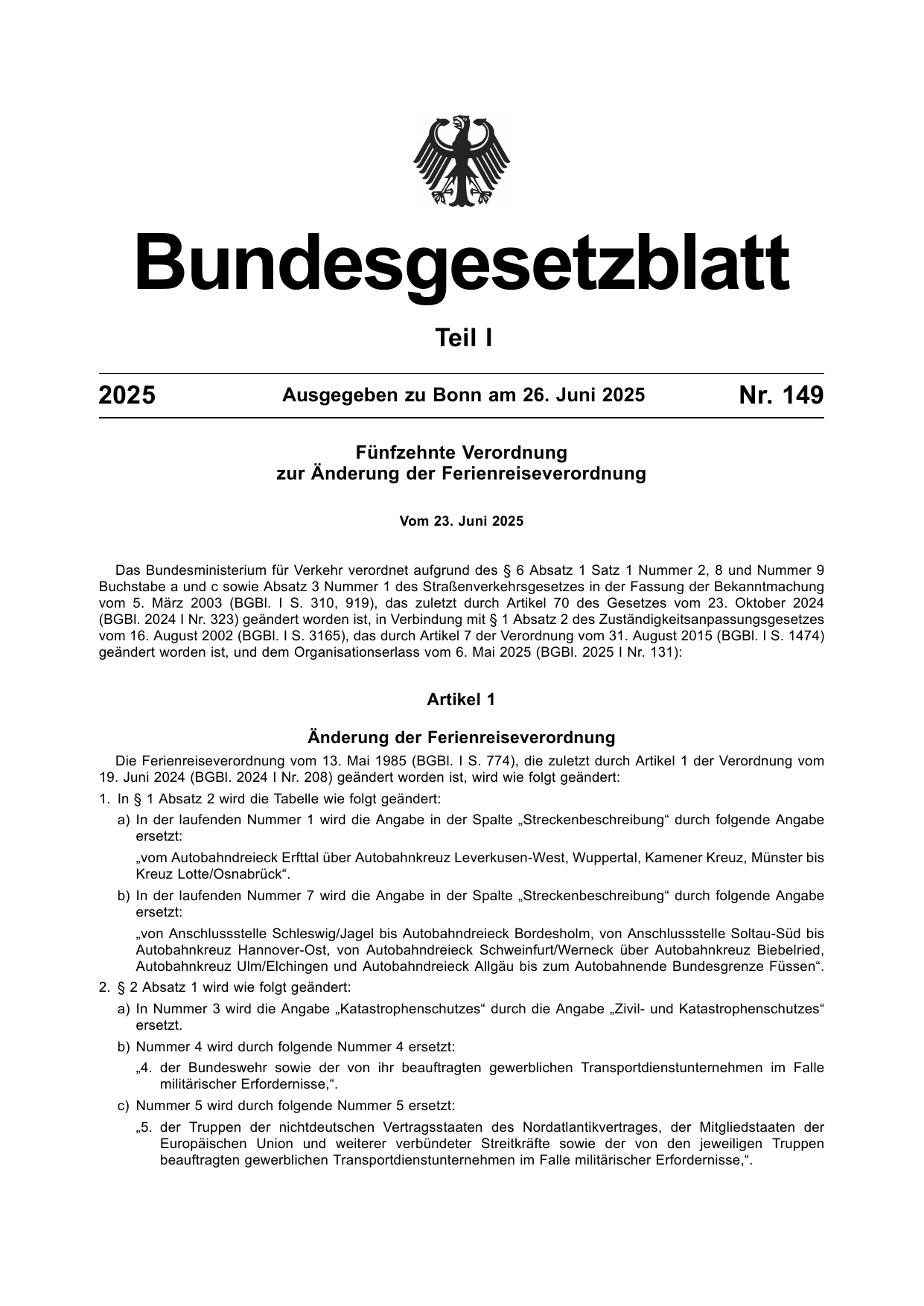 BGBl. 2025, Seite 1 — Originalseite als Abbildung