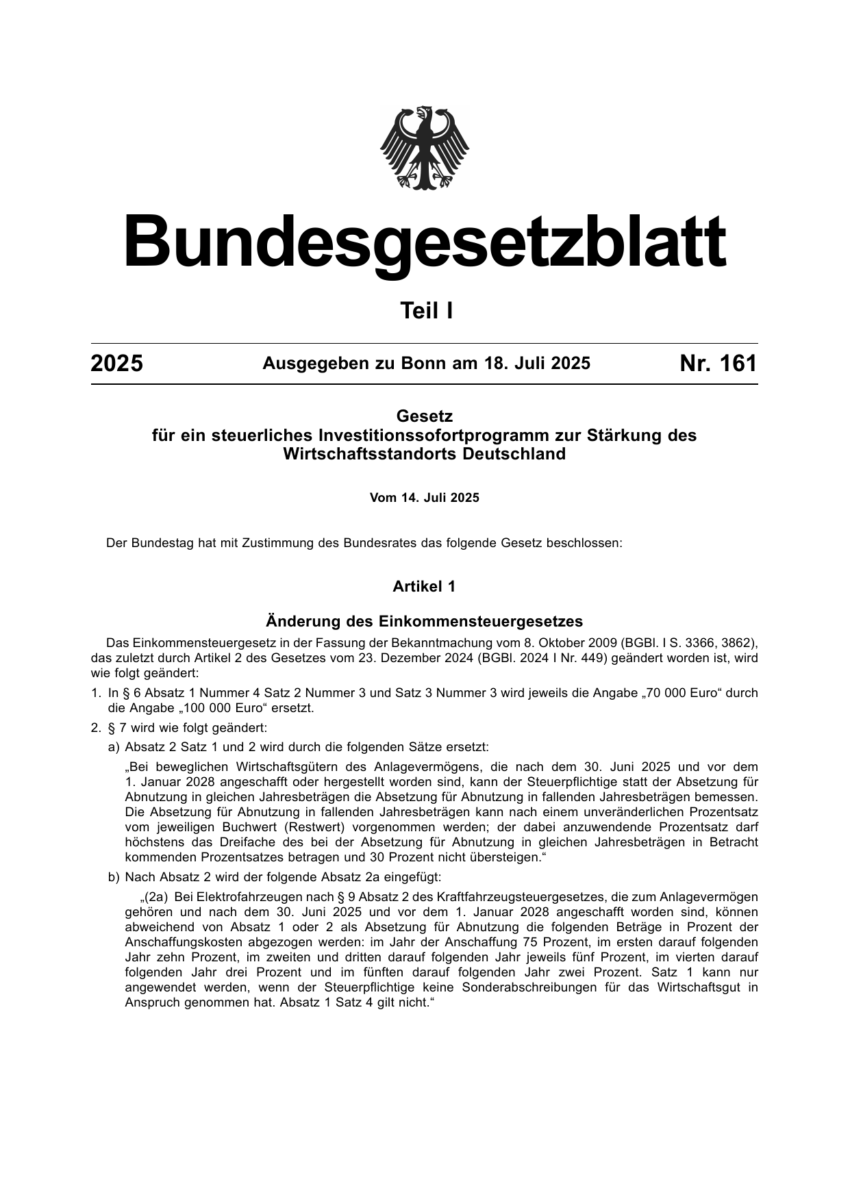 BGBl. 2025, Seite 1 — Originalseite als Abbildung