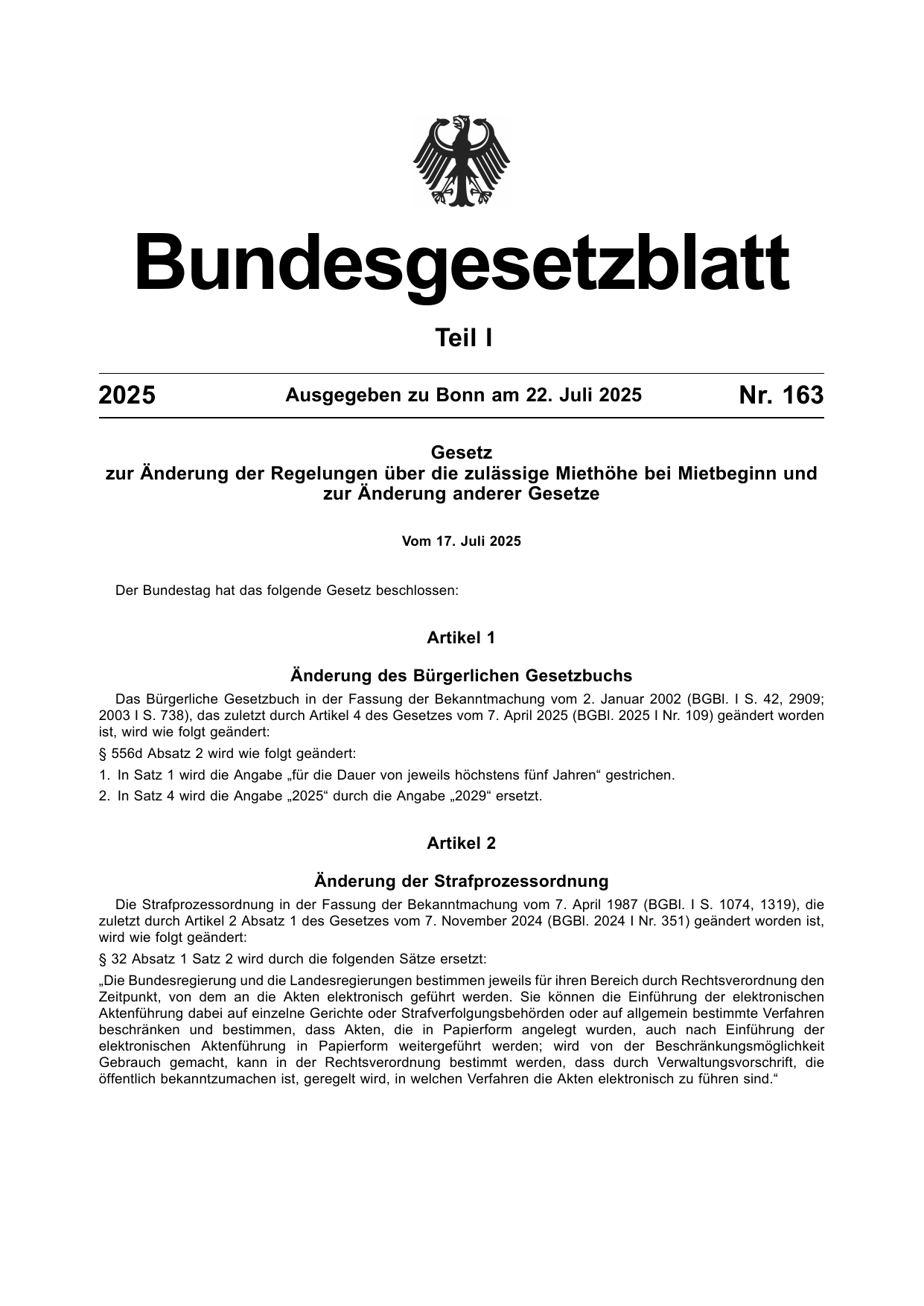 BGBl. 2025, Seite 1 — Originalseite als Abbildung