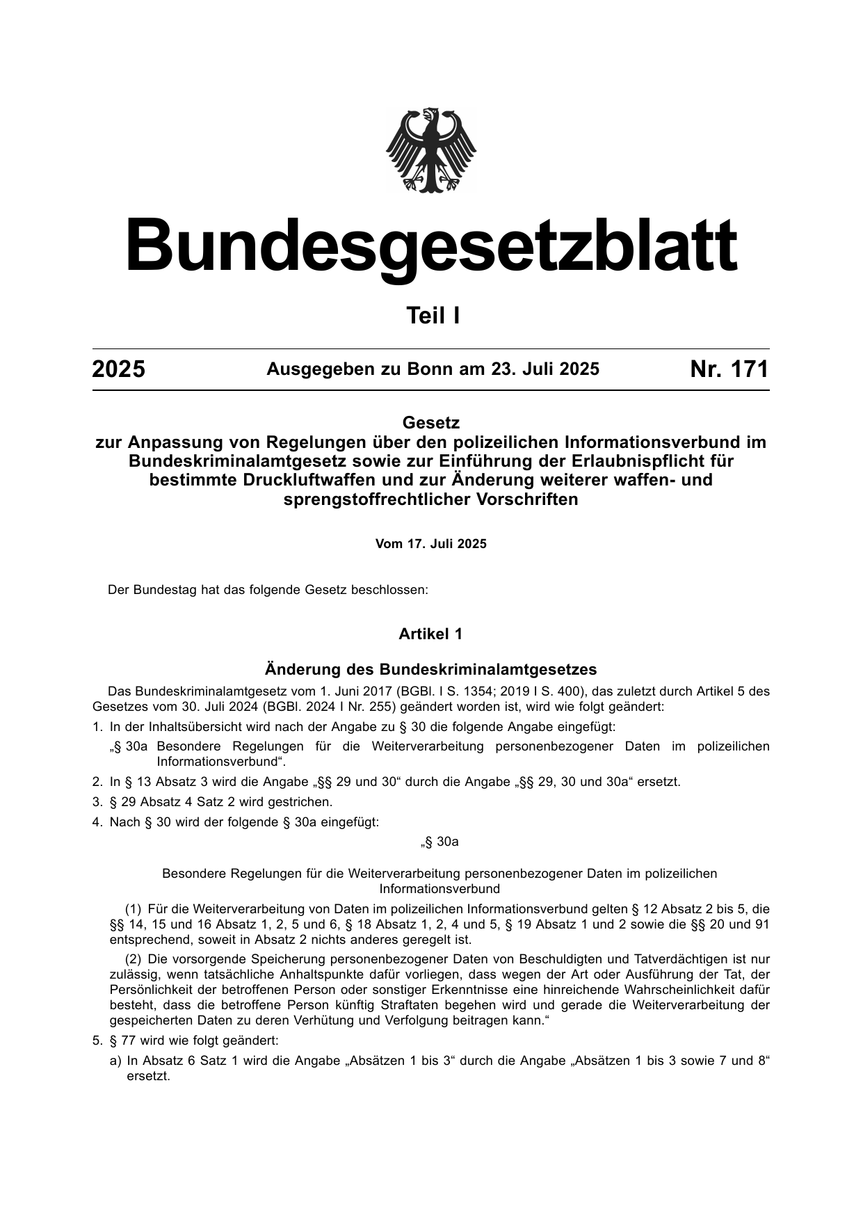 BGBl. 2025, Seite 1 — Originalseite als Abbildung