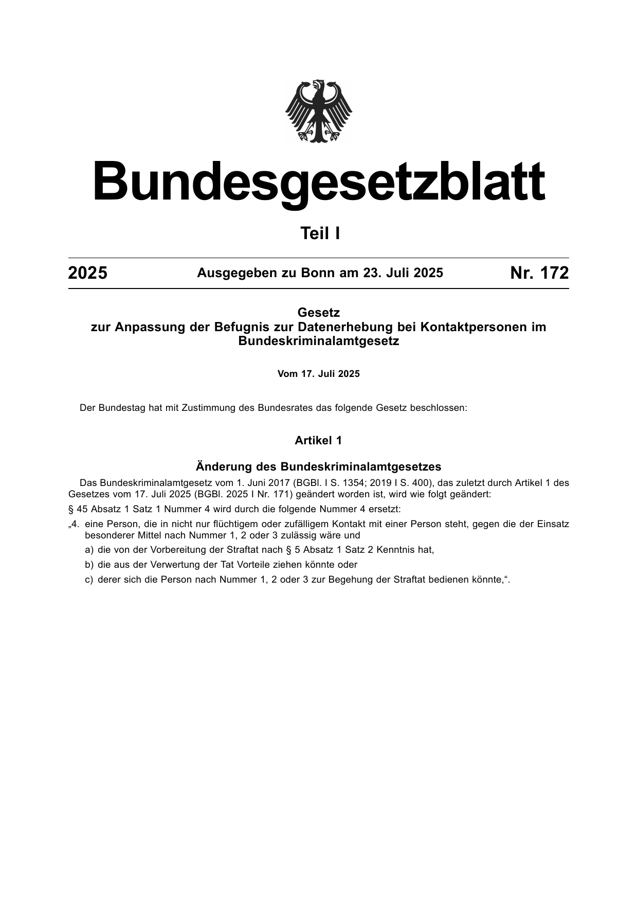 BGBl. 2025, Seite 1 — Originalseite als Abbildung