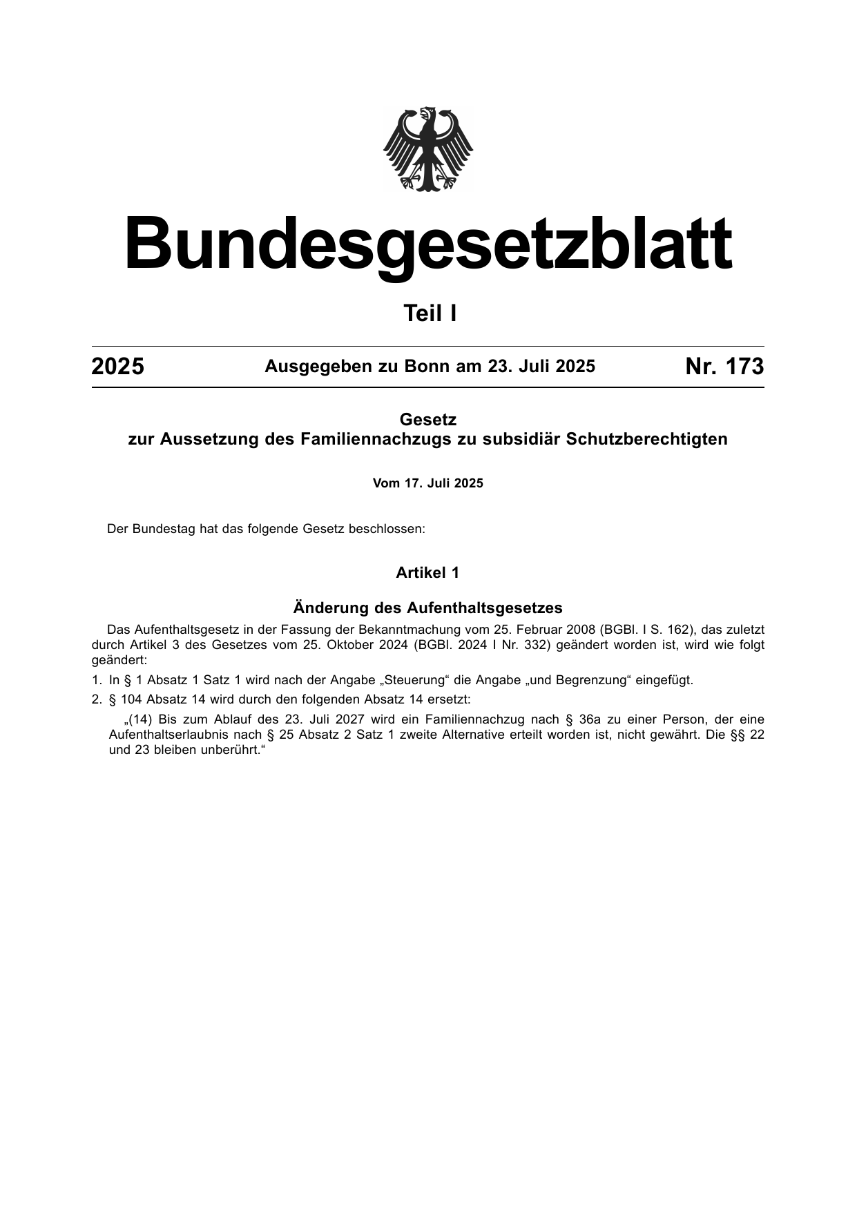 BGBl. 2025, Seite 1 — Originalseite als Abbildung