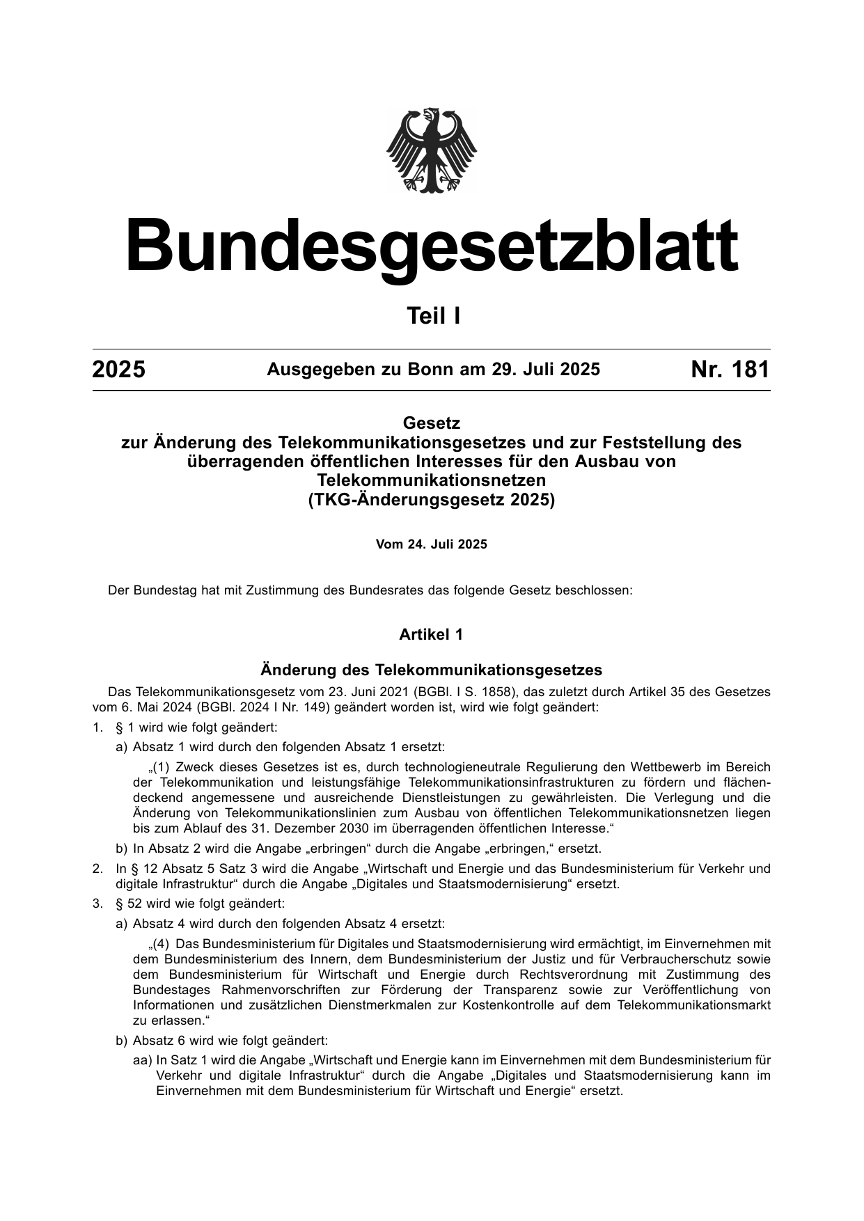BGBl. 2025, Seite 1 — Originalseite als Abbildung