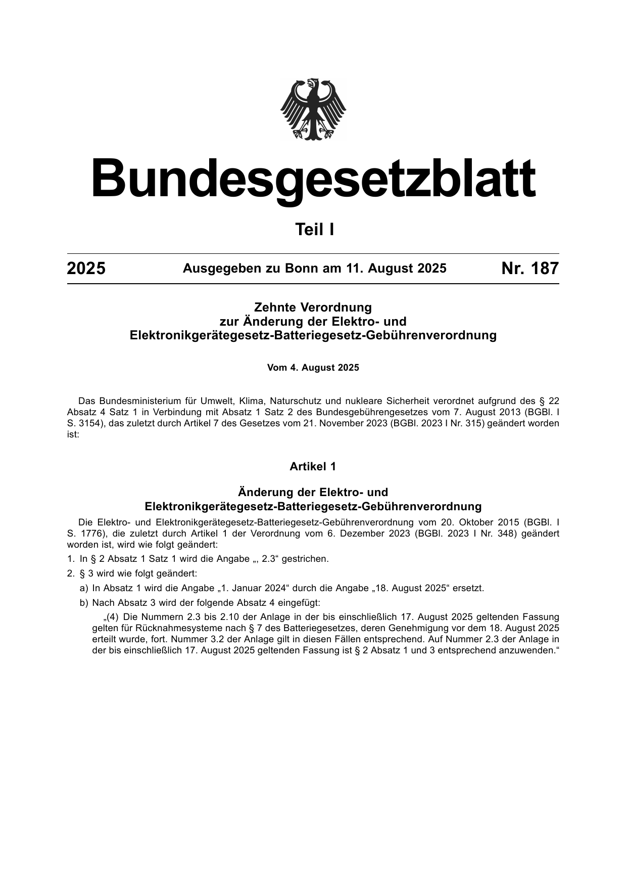 BGBl. 2025, Seite 1 — Originalseite als Abbildung