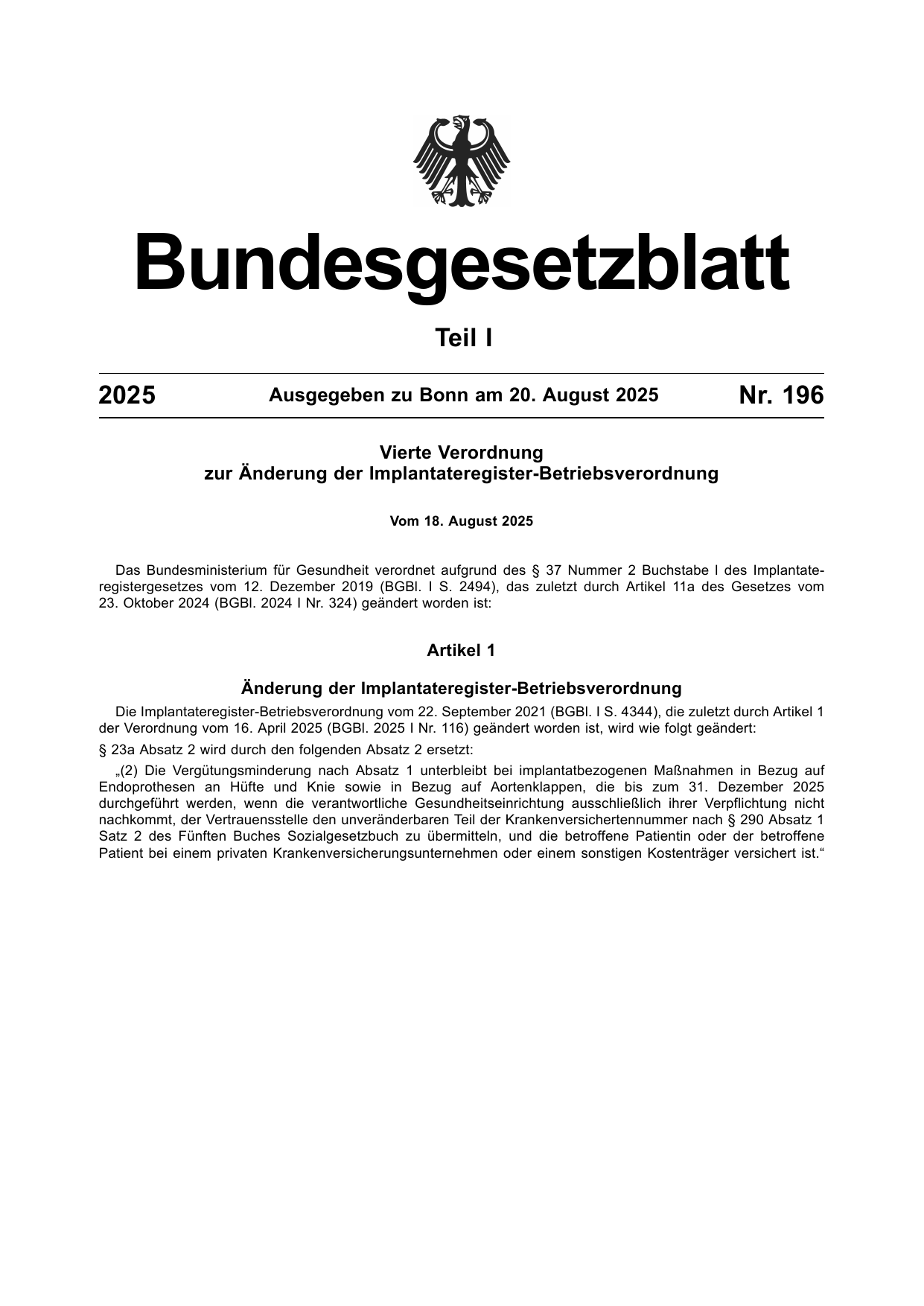 BGBl. 2025, Seite 1 — Originalseite als Abbildung