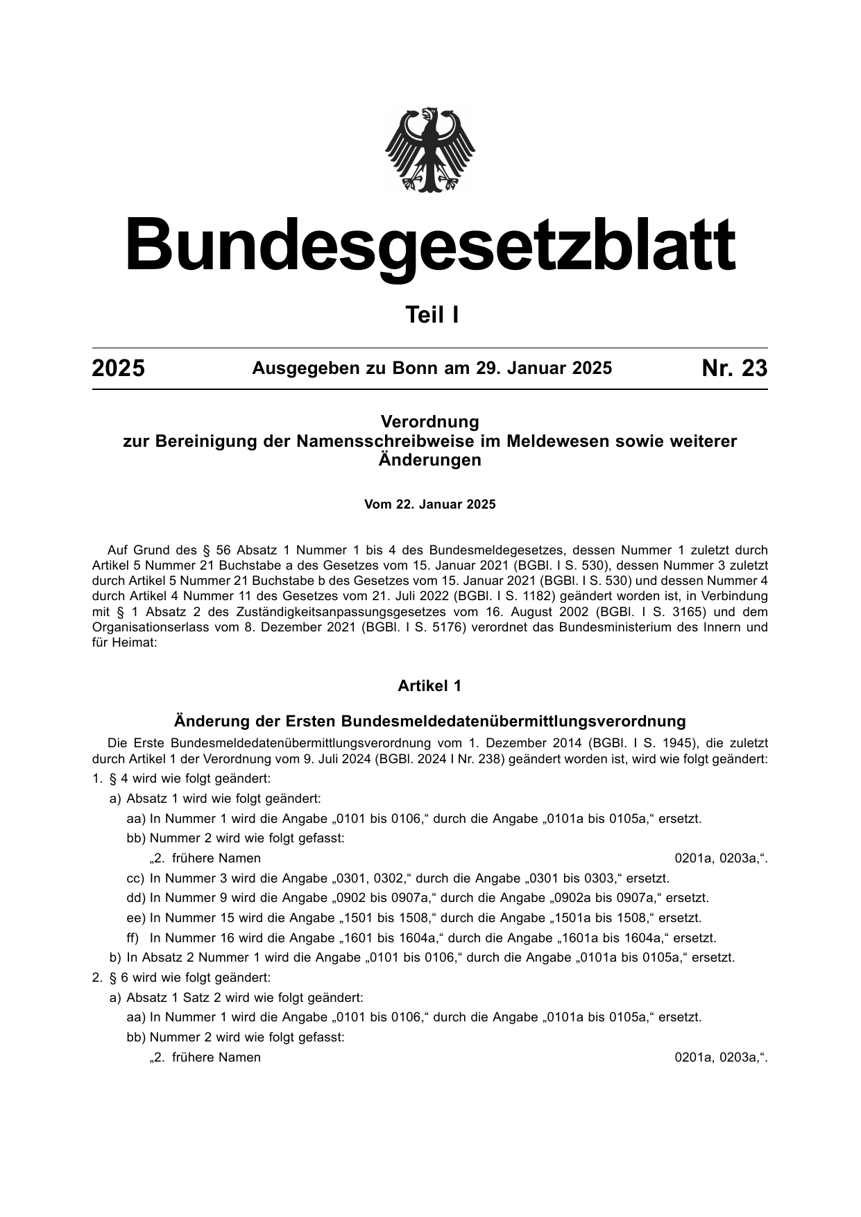 BGBl. 2025, Seite 1 — Originalseite als Abbildung