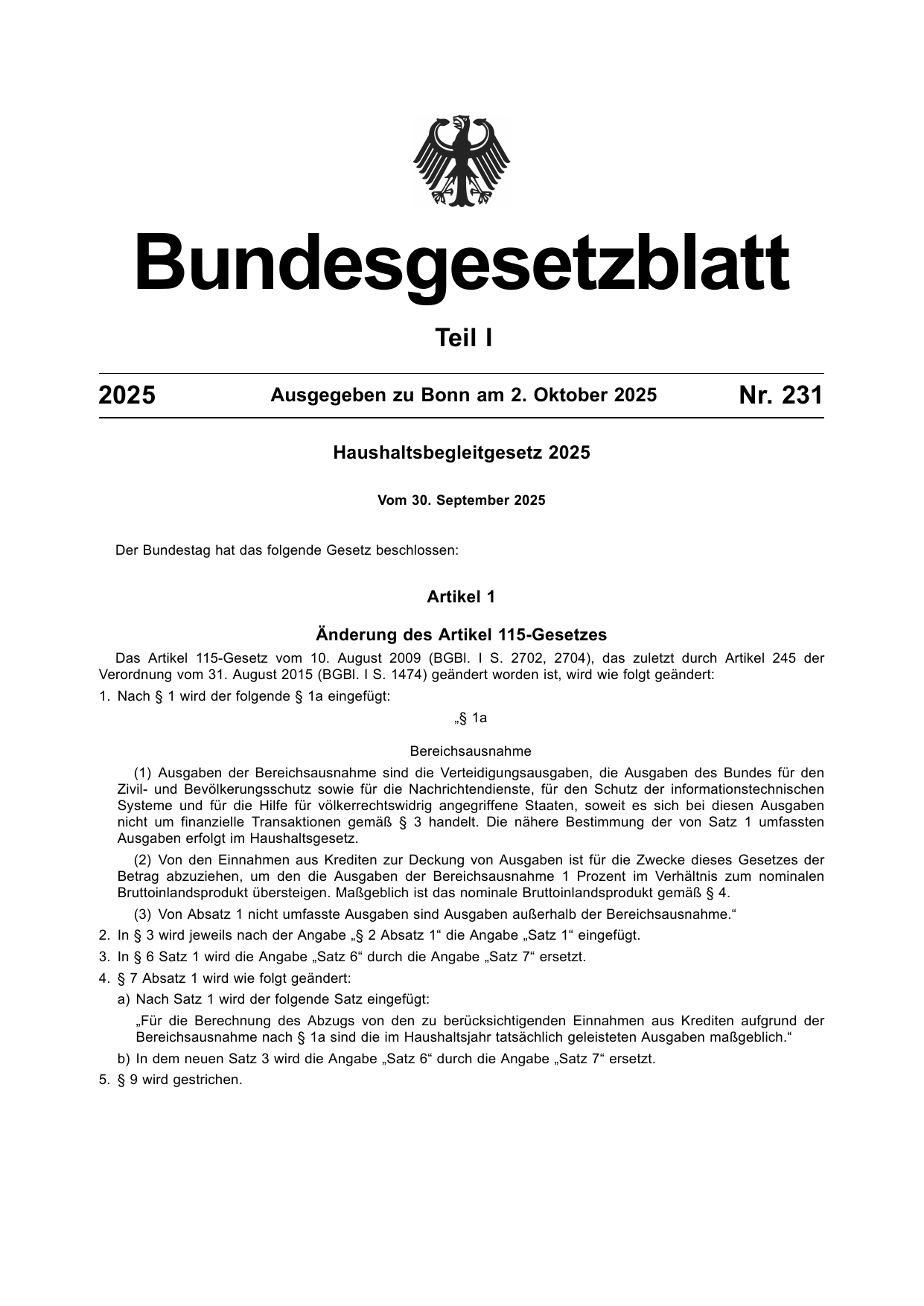 BGBl. 2025, Seite 1 — Originalseite als Abbildung