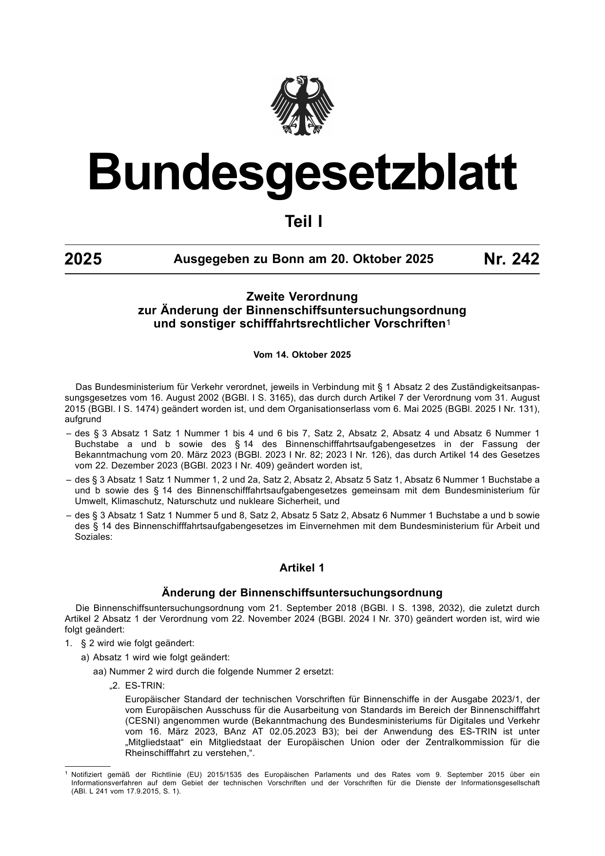 BGBl. 2025, Seite 1 — Originalseite als Abbildung