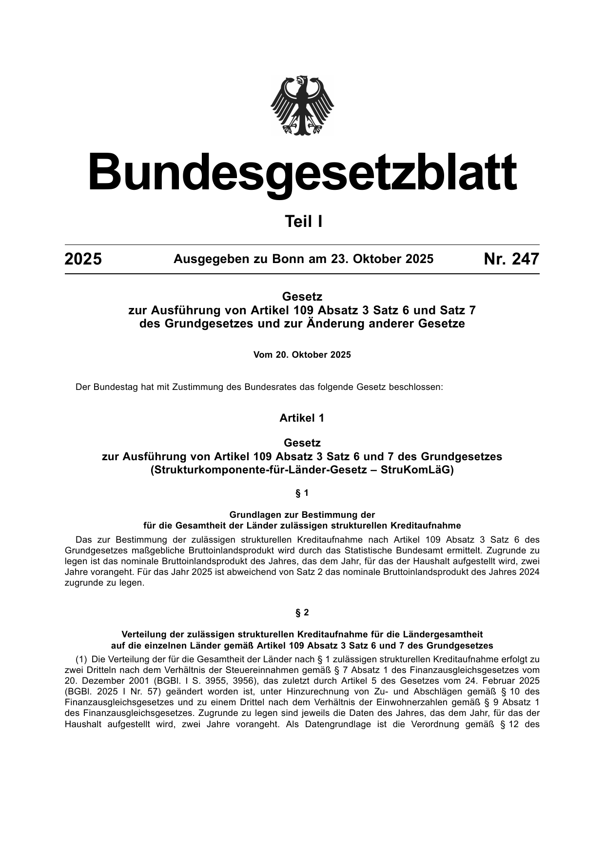 BGBl. 2025, Seite 1 — Originalseite als Abbildung