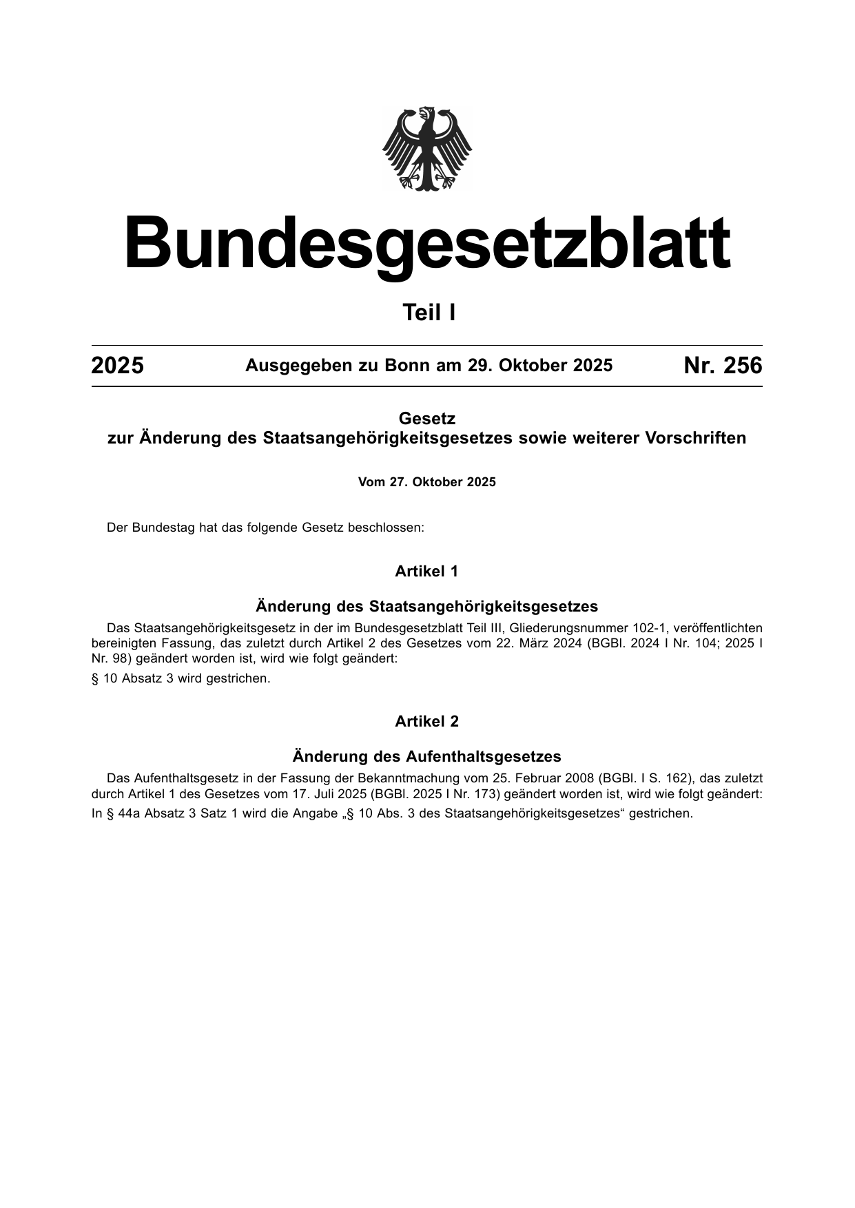 BGBl. 2025, Seite 1 — Originalseite als Abbildung