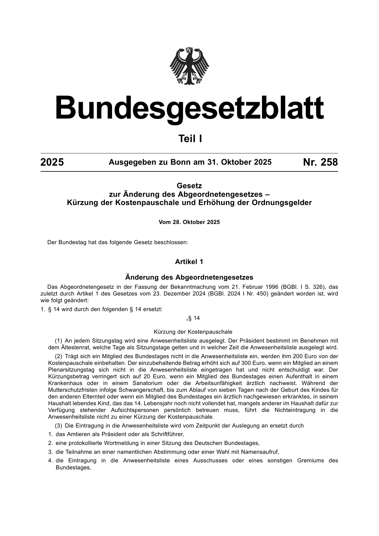 BGBl. 2025, Seite 1 — Originalseite als Abbildung