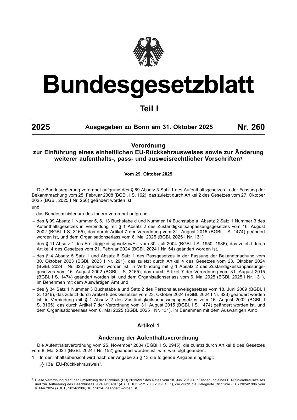 BGBl. 2025, Seite 1 — Originalseite als Abbildung