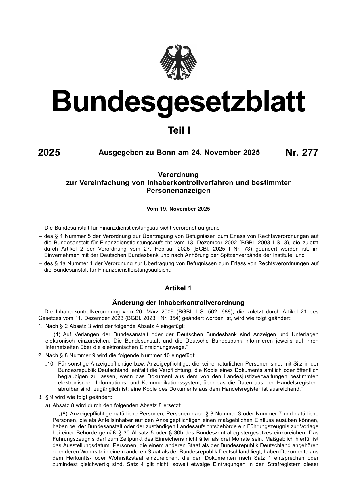 BGBl. 2025, Seite 1 — Originalseite als Abbildung