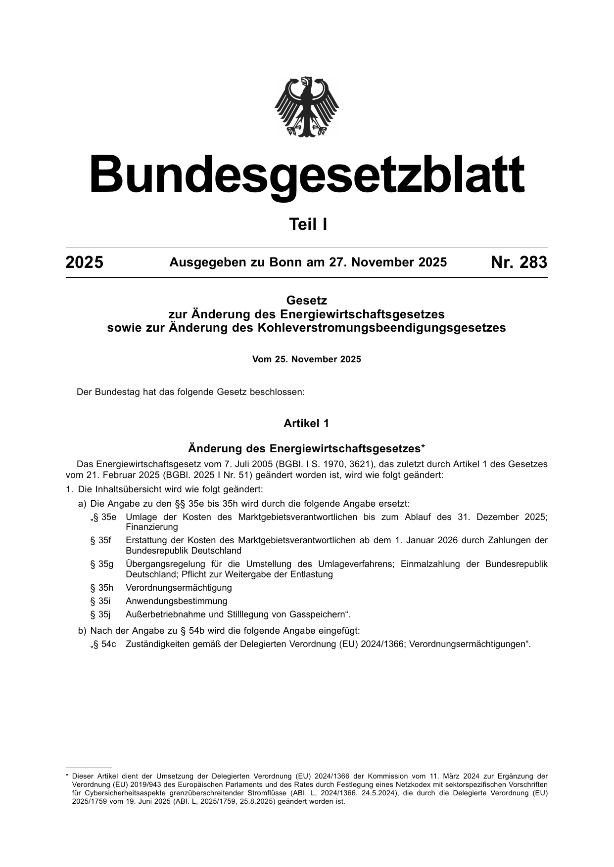 BGBl. 2025, Seite 1 — Originalseite als Abbildung