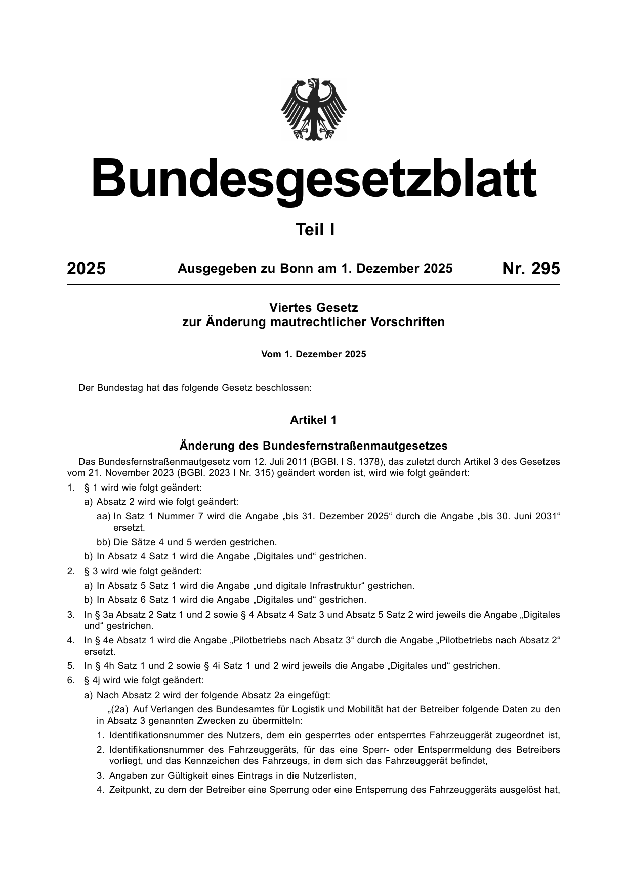BGBl. 2025, Seite 1 — Originalseite als Abbildung