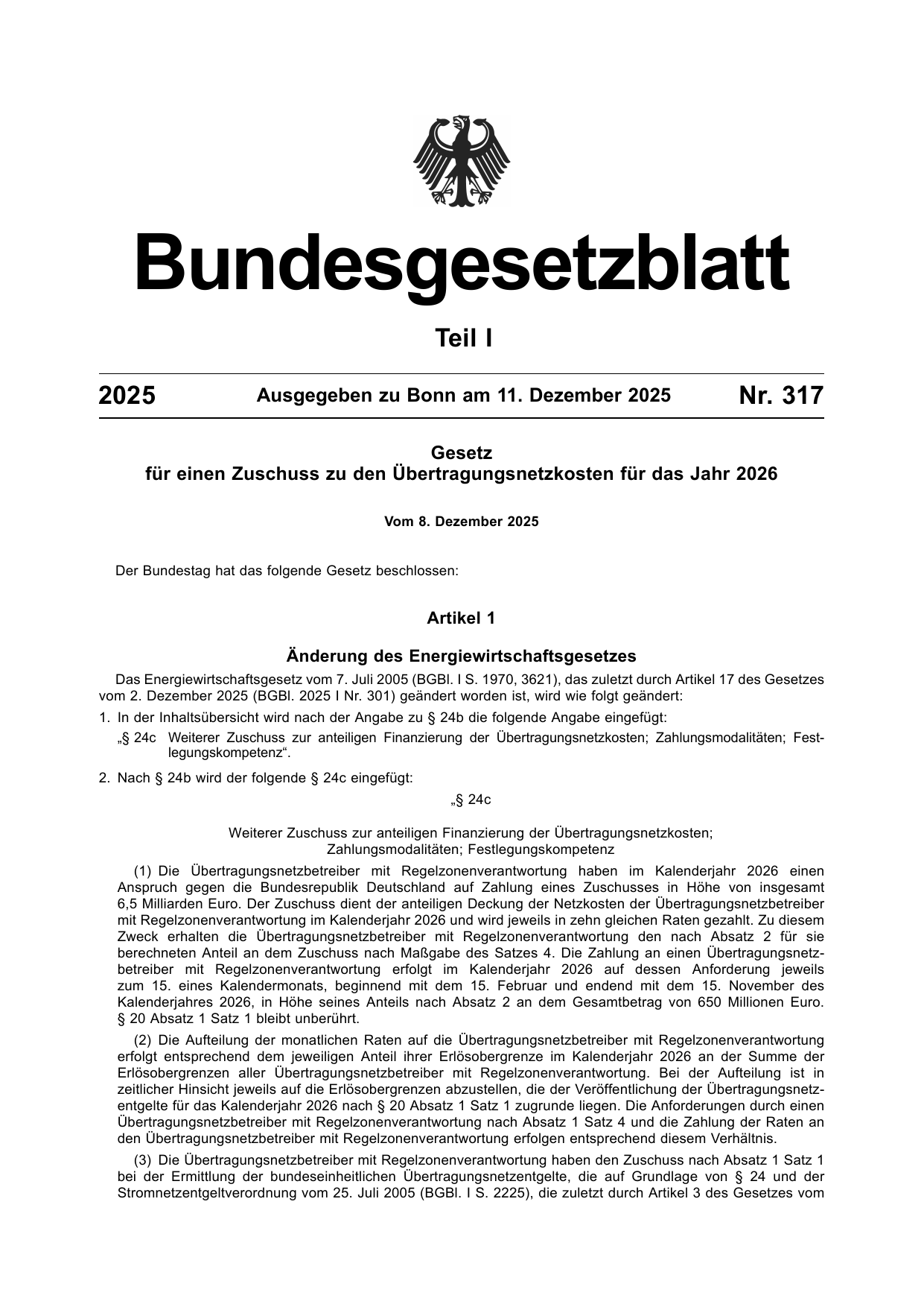 BGBl. 2025, Seite 1 — Originalseite als Abbildung