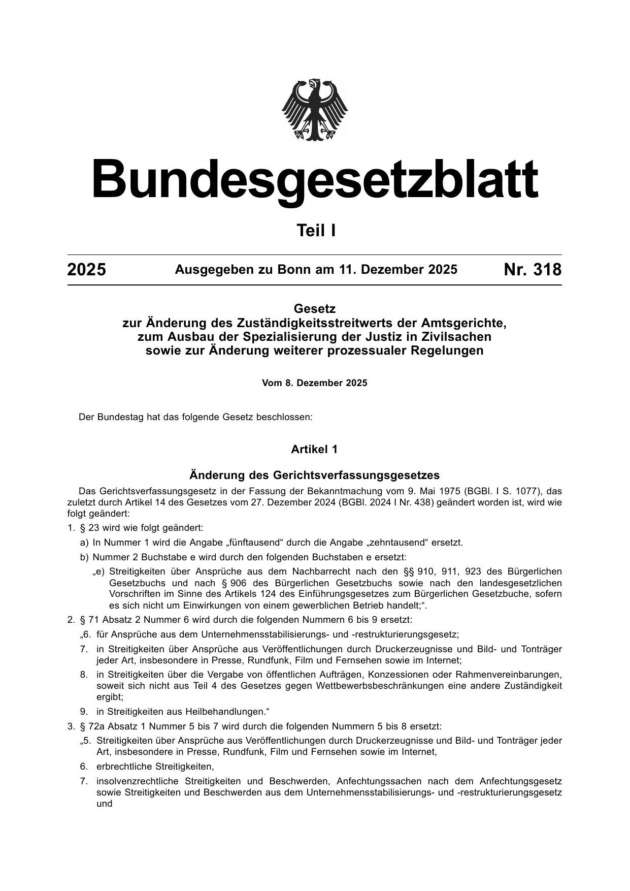 BGBl. 2025, Seite 1 — Originalseite als Abbildung
