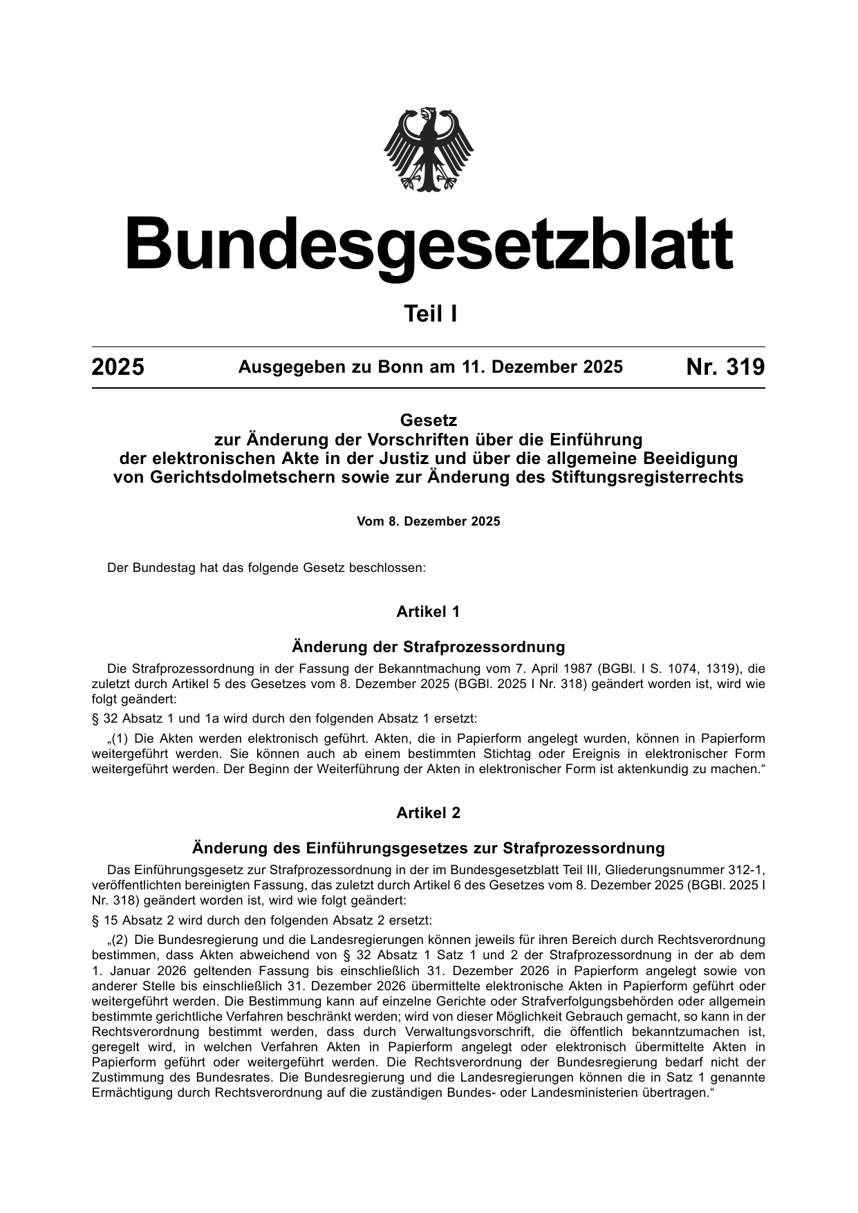 BGBl. 2025, Seite 1 — Originalseite als Abbildung