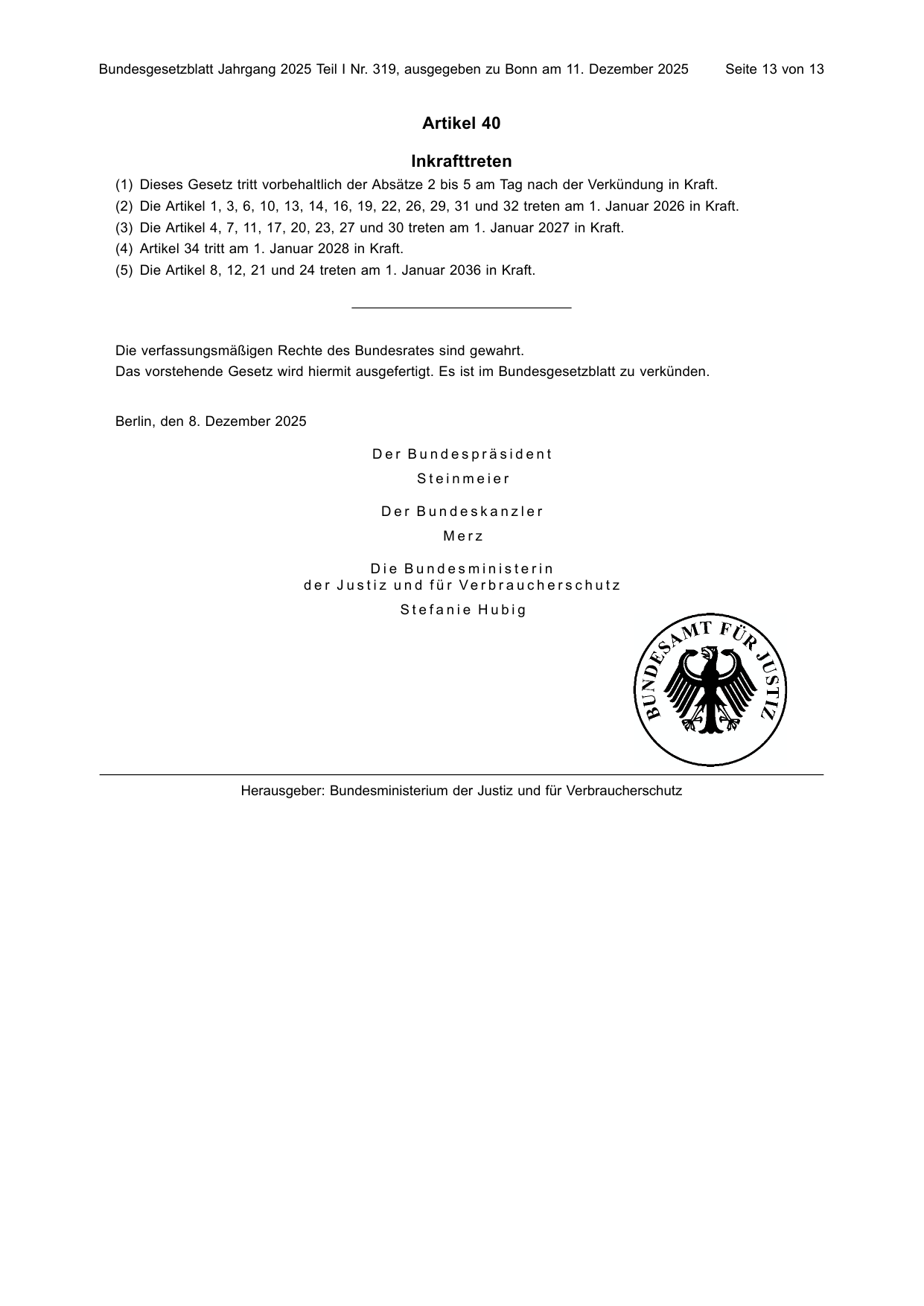 BGBl. 2025, Seite 13 — Originalseite als Abbildung