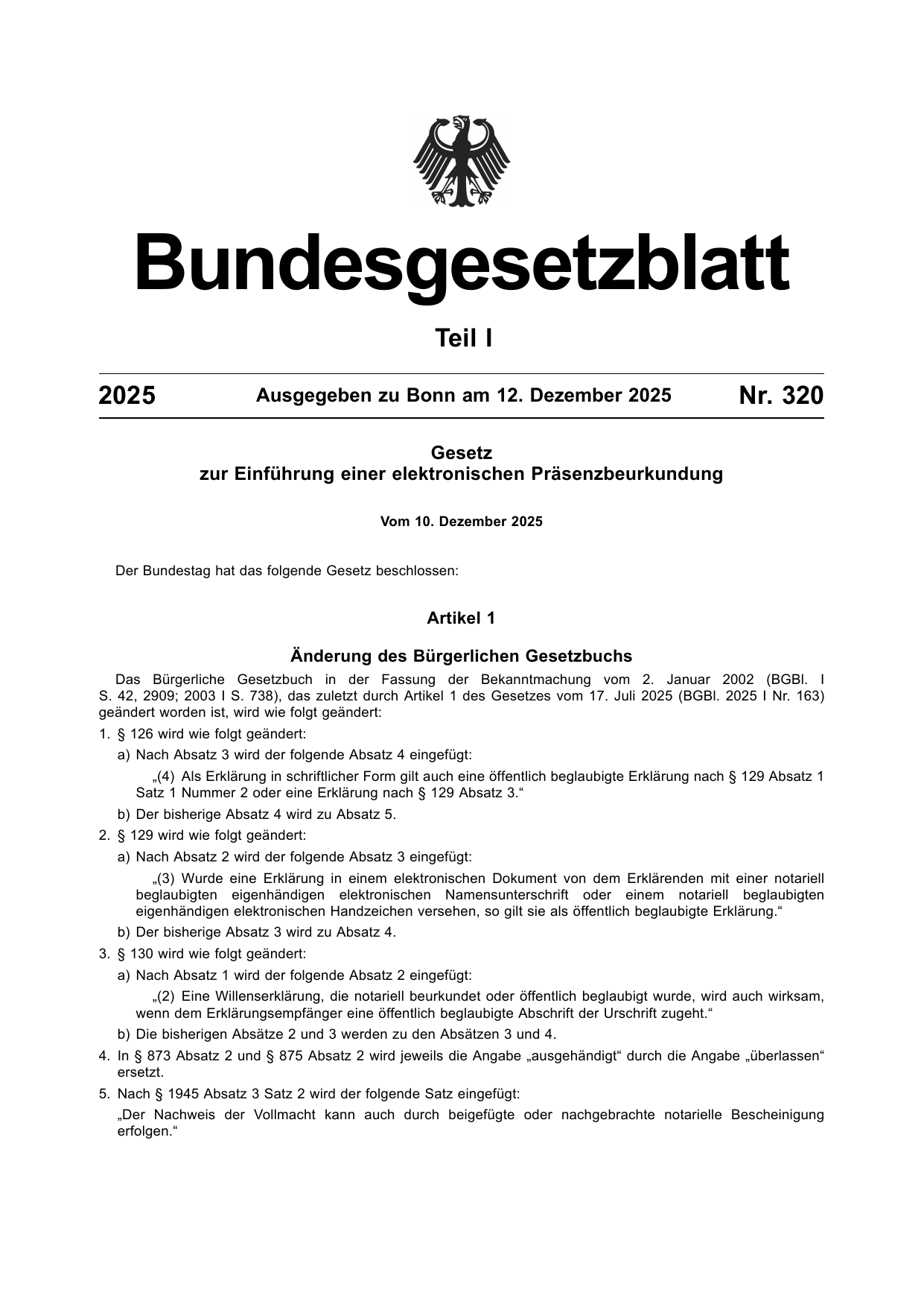 BGBl. 2025, Seite 1 — Originalseite als Abbildung