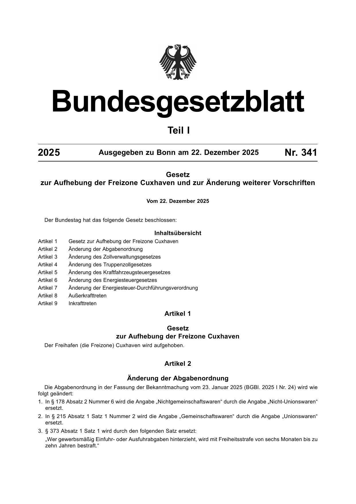 BGBl. 2025, Seite 1 — Originalseite als Abbildung