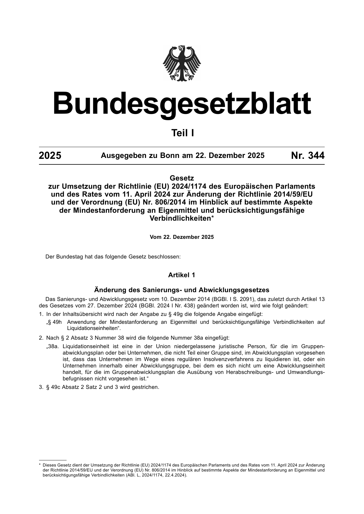 BGBl. 2025, Seite 1 — Originalseite als Abbildung