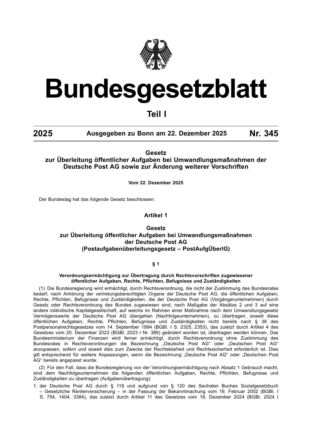 BGBl. 2025, Seite 1 — Originalseite als Abbildung