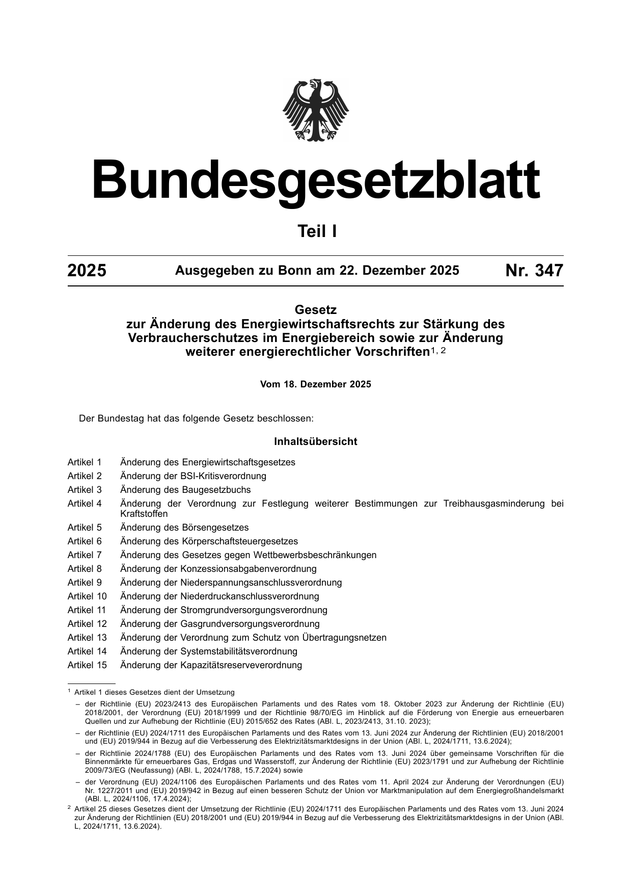 BGBl. 2025, Seite 1 — Originalseite als Abbildung
