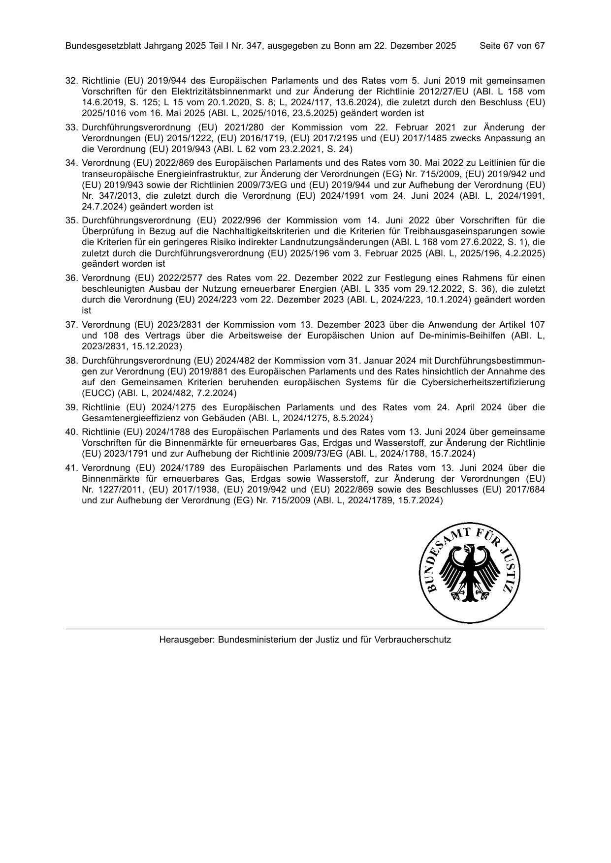 BGBl. 2025, Seite 67 — Originalseite als Abbildung