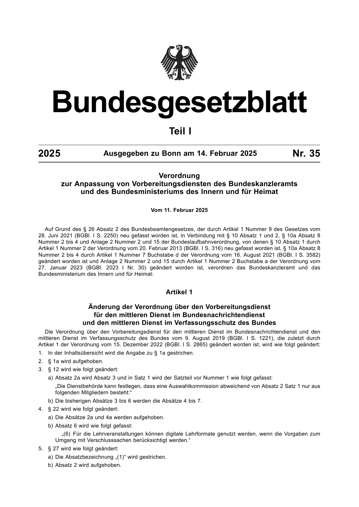 BGBl. 2025, Seite 1 — Originalseite als Abbildung