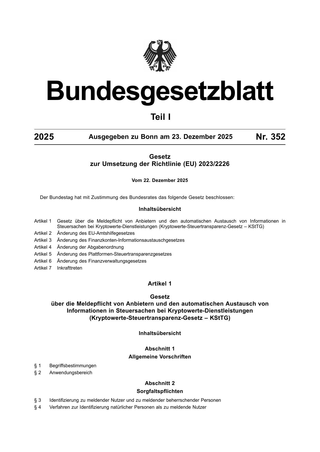 BGBl. 2025, Seite 1 — Originalseite als Abbildung