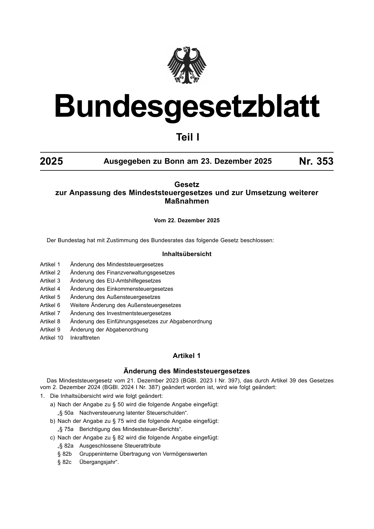 BGBl. 2025, Seite 1 — Originalseite als Abbildung