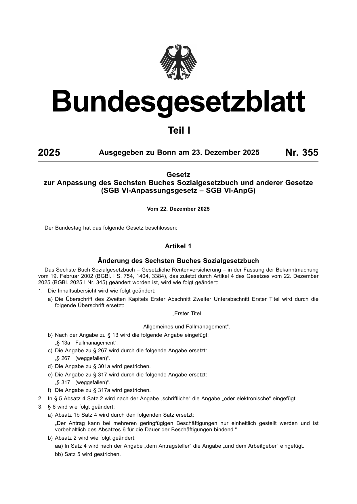 BGBl. 2025, Seite 1 — Originalseite als Abbildung