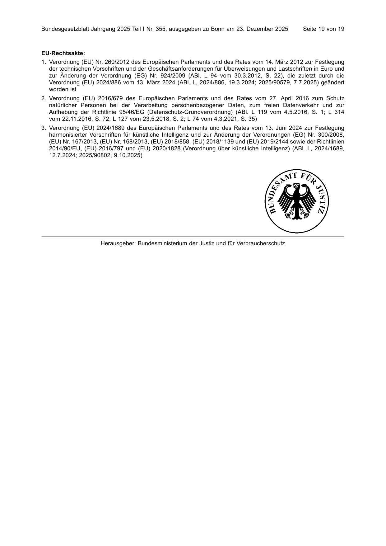 BGBl. 2025, Seite 19 — Originalseite als Abbildung