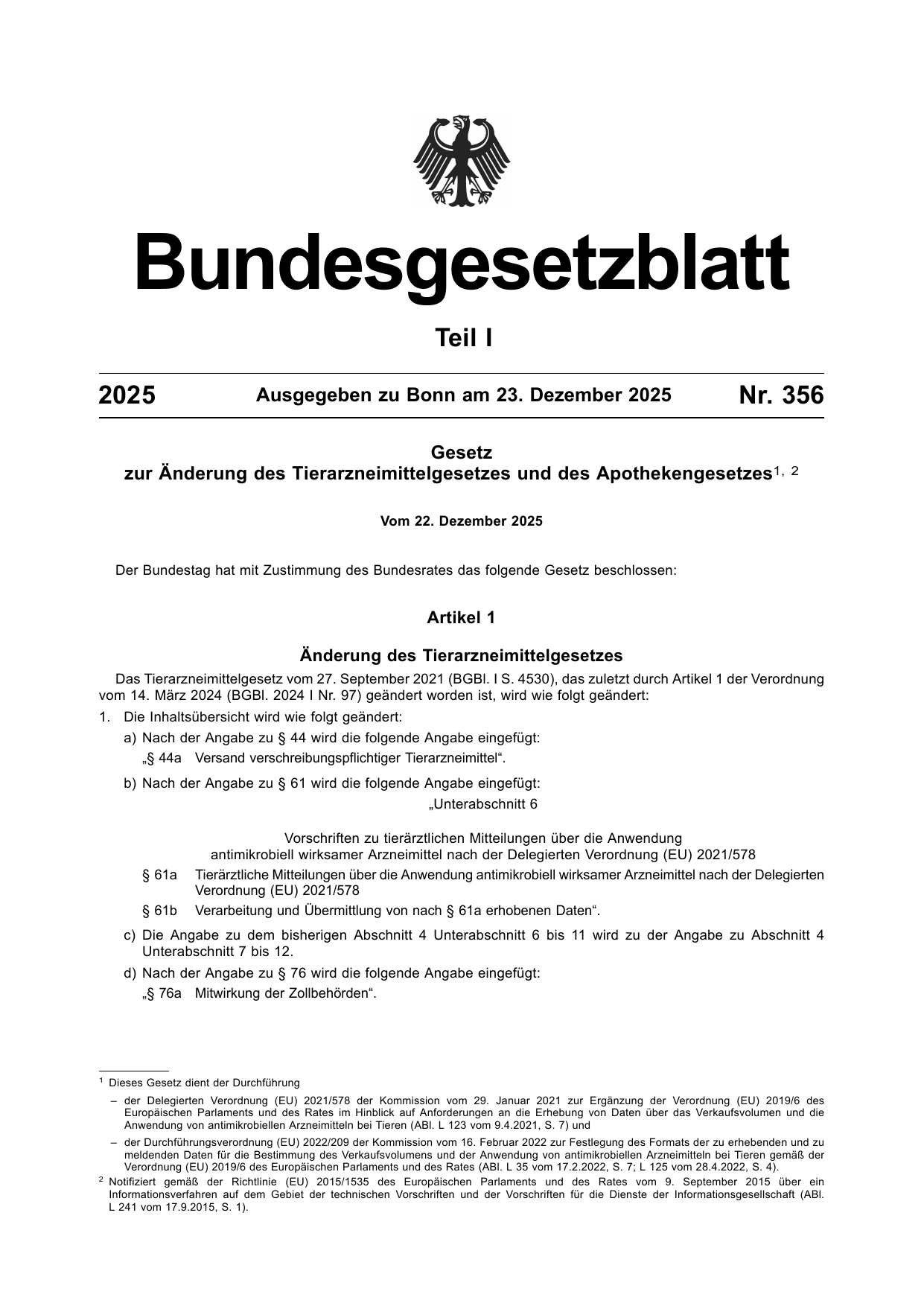 BGBl. 2025, Seite 1 — Originalseite als Abbildung