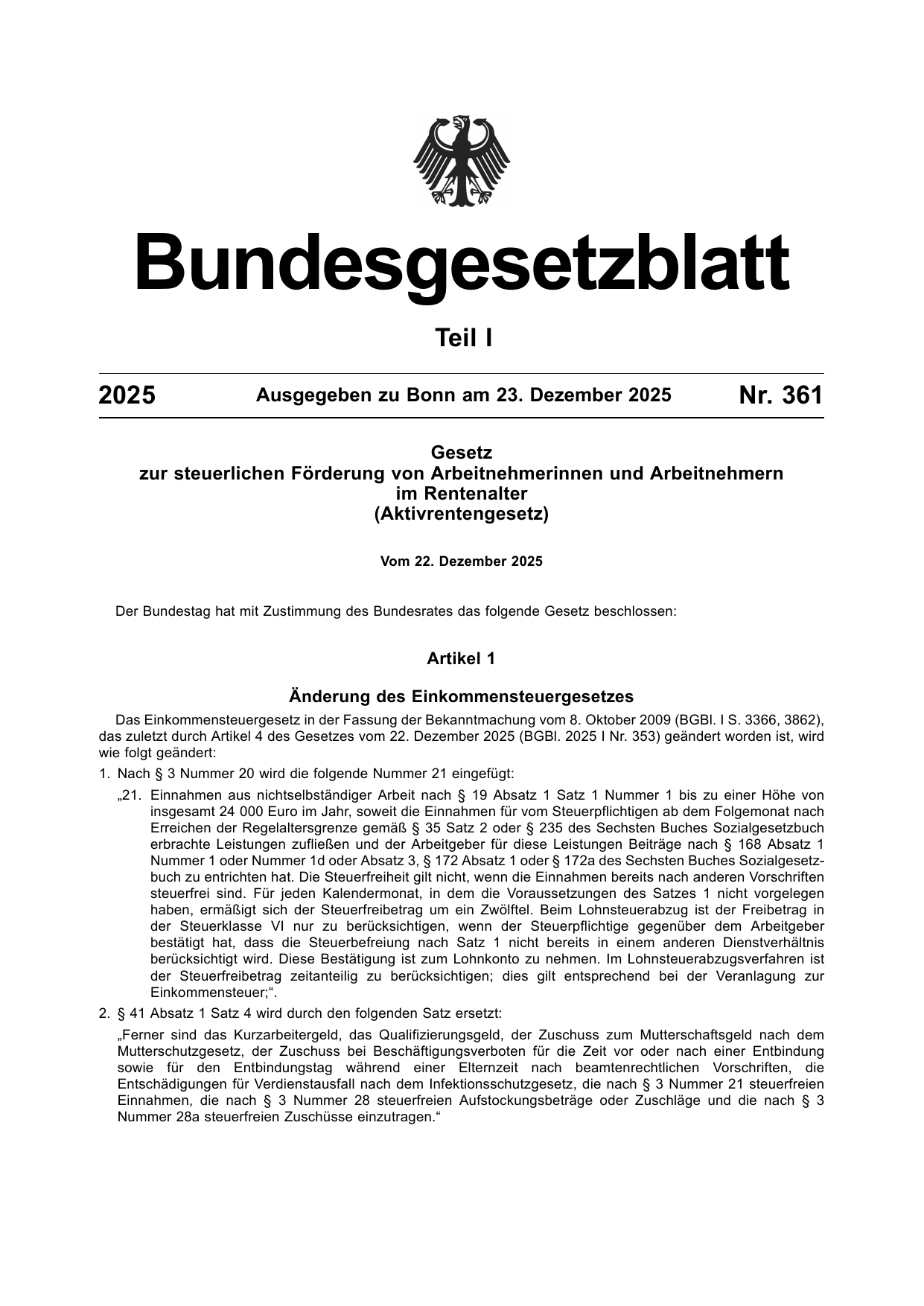 BGBl. 2025, Seite 1 — Originalseite als Abbildung