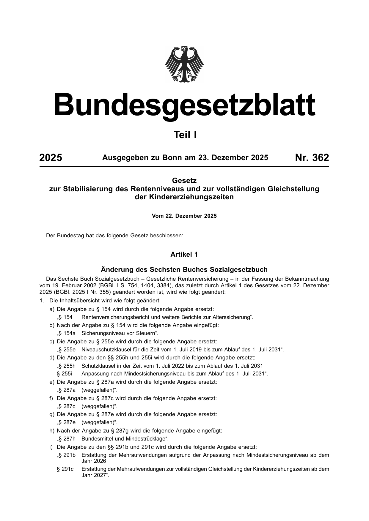 BGBl. 2025, Seite 1 — Originalseite als Abbildung