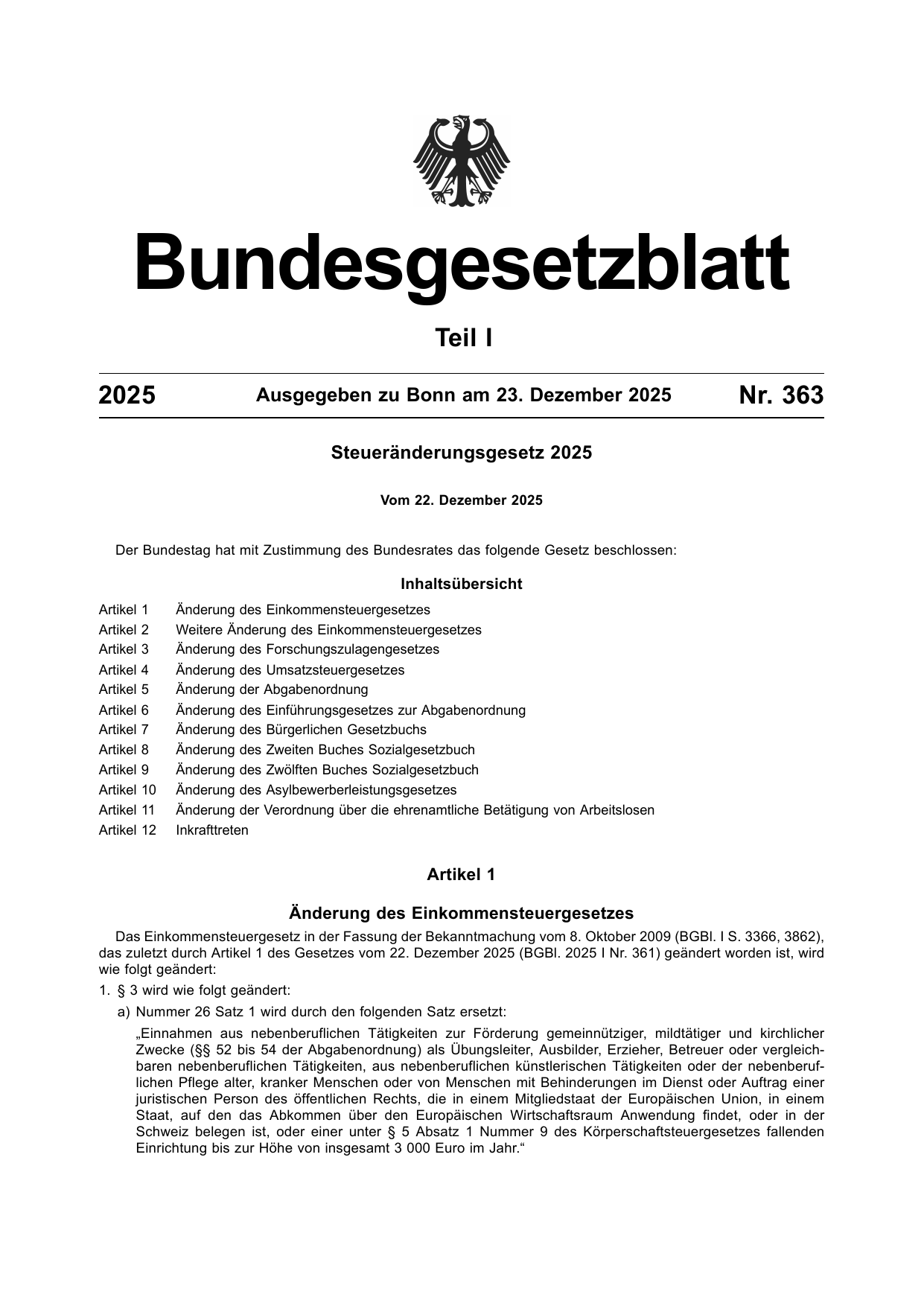 BGBl. 2025, Seite 1 — Originalseite als Abbildung