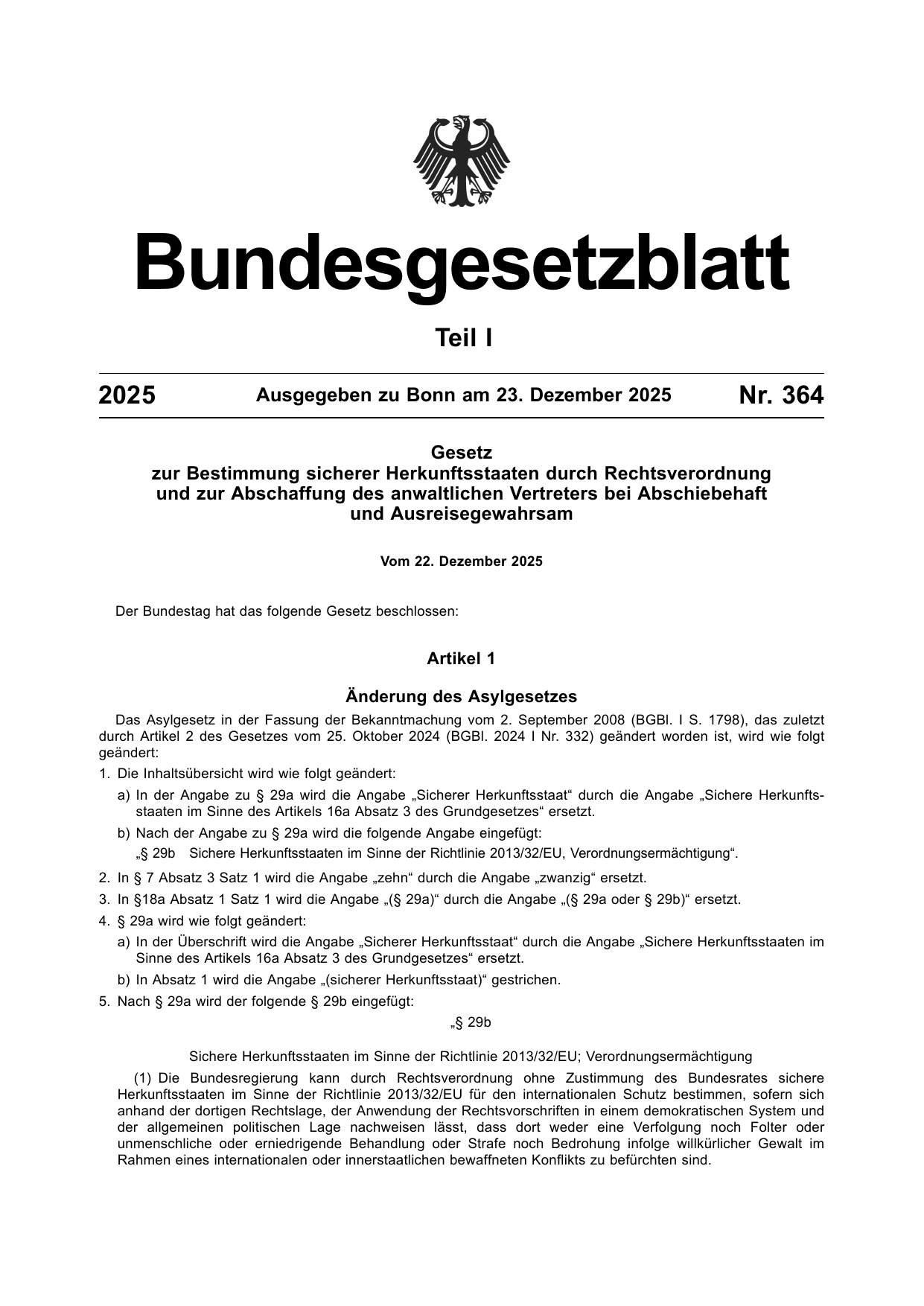 BGBl. 2025, Seite 1 — Originalseite als Abbildung