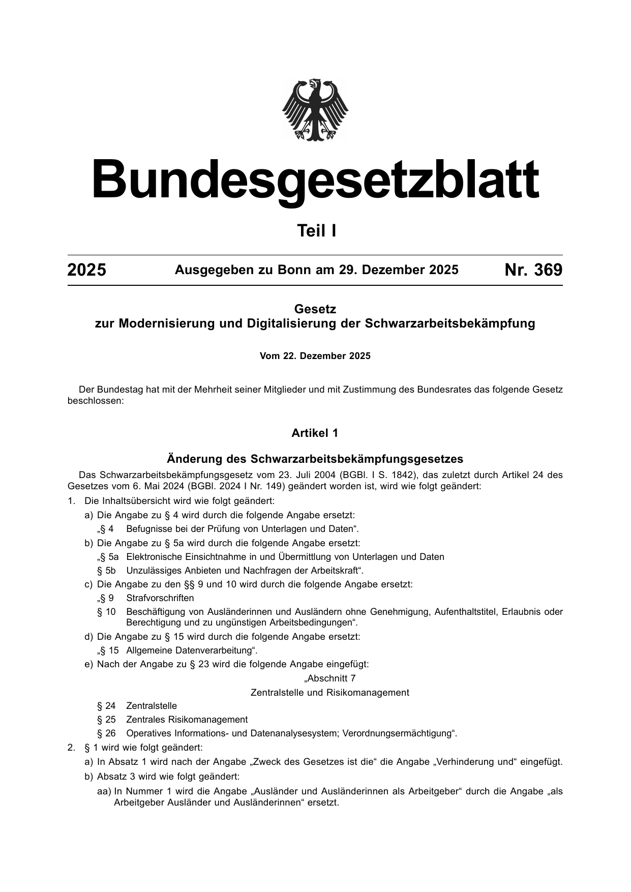 BGBl. 2025, Seite 1 — Originalseite als Abbildung
