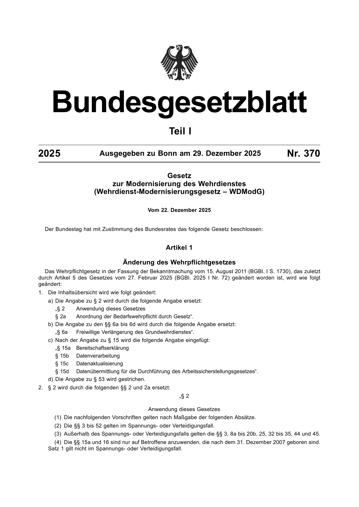 BGBl. 2025, Seite 1 — Originalseite als Abbildung